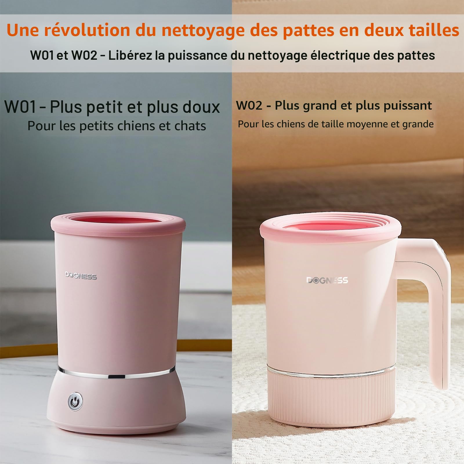 DOGNESS Nettoyeur automatique de pattes de chien pour grands chiens, avec silicone, type C, charge rapide USB, nettoyage de pattes de chien à 360° (rose)