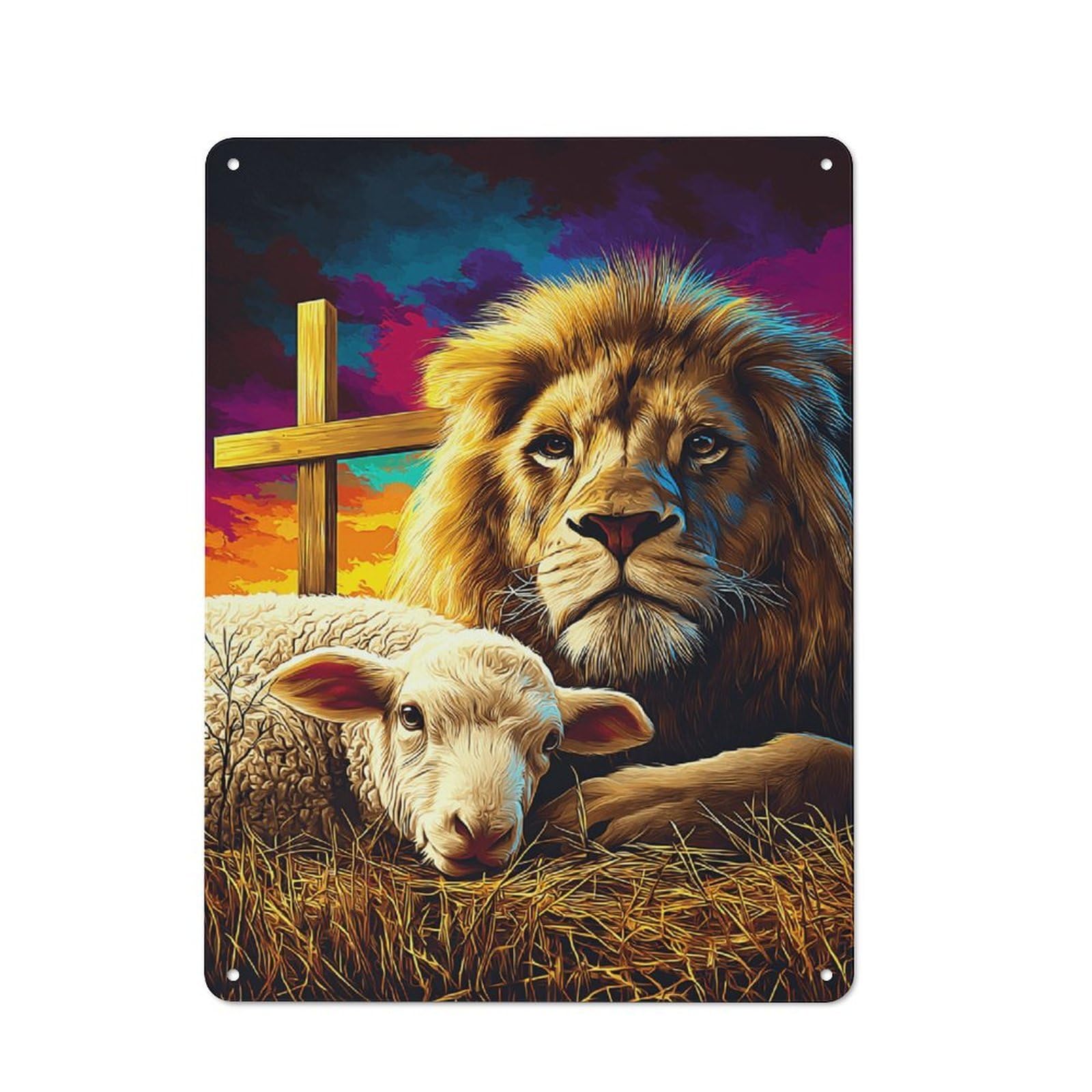 Peaceful Coexistence Lion And Lamb -1 Rustic Metal Wall Decor 40x30cm, Decorative Tin Sign for Farmhouse Kitchen, Pantry Or Dining Area