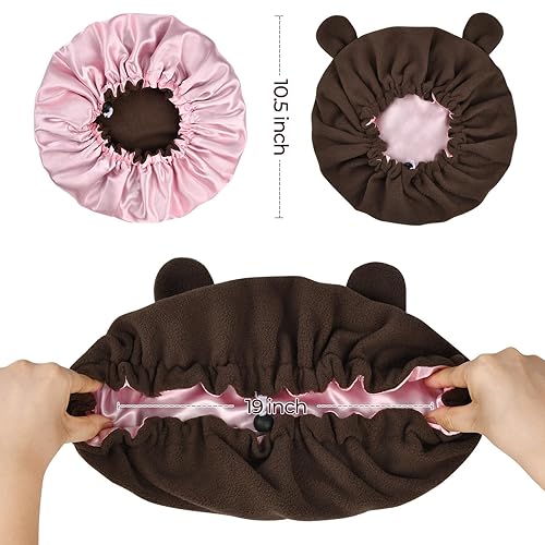 Miniatura 3 de Gorro de satén para niños, gorro de oso de bebé, ajustable, gorro kawaii, gorro de dormir marrón, gorro de noche de felpa para cabello natural,