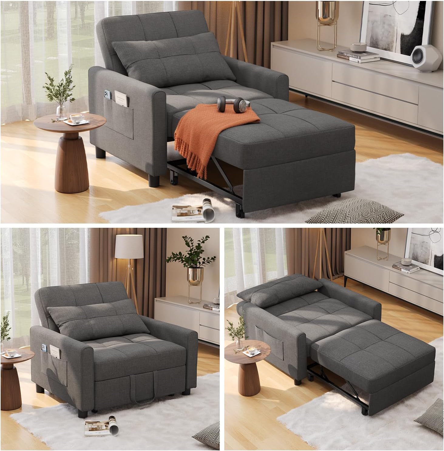 Convertible Futon Sofa Bed, 3 in 1 Multifunctional Sleeper Chair Bed, Adjustable Backrest Recliner Modern Linen Fabric for Living Room Bedroom Apartment Small Space, Dark Grey