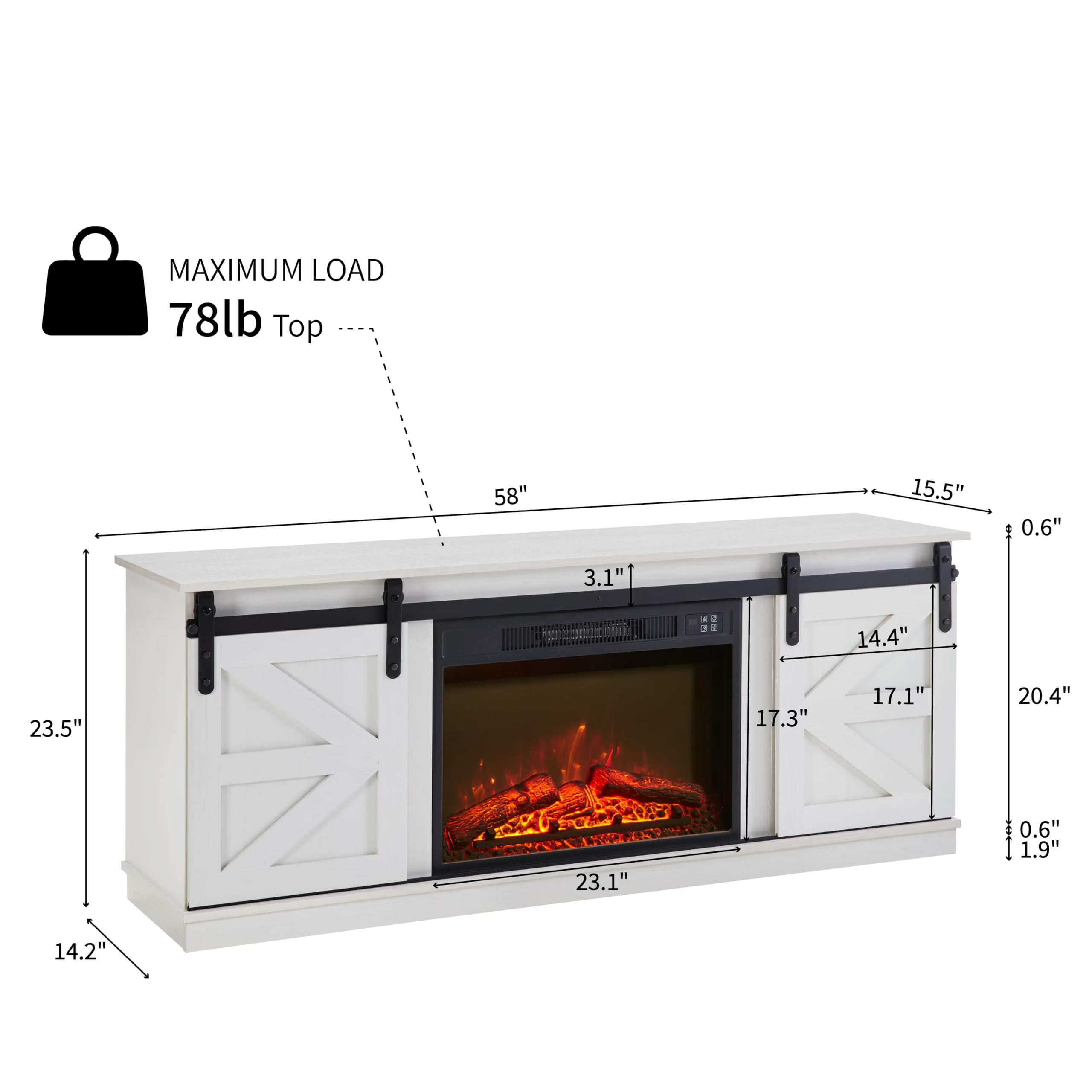 AOPNOMU Farmhouse Fireplace TV Stand, 65 Inch Corner TV Stand with Sliding Barn Door and Storage, Electric Fireplace Entertainment Center with Shelves, MDF & Metal TV Console for Living Room White