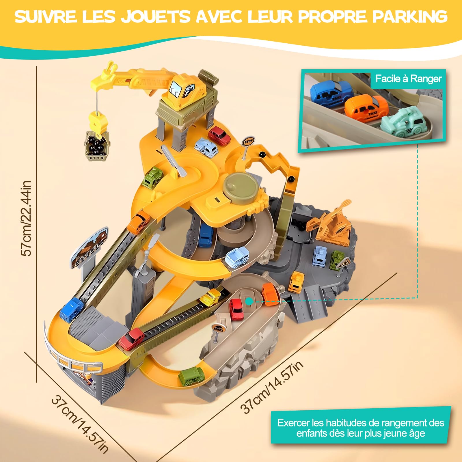 Charmofun Piste de Course Enfants, Jeux de Construction avec 10 Voitures Grue Camion de Transport, Engins de Chantier Jouet avec Piste de Voiture, Circuit Voiture Jouet Cadeau pour Garçon