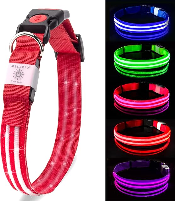 MELERIO LED Dog Collar Flashing Light Up with USB Rechargeable & 100% Waterproof, Super Bright Flashing Dog Collar with 10 Hours Working TimeRed M