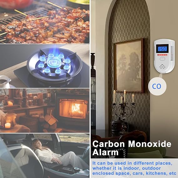 Carbon Monoxide Detector, Carbon Monoxide Alarm, Detector with LED Display (PPM Value Visible at All Times) and 85 dB Audible and Visual Alarm.