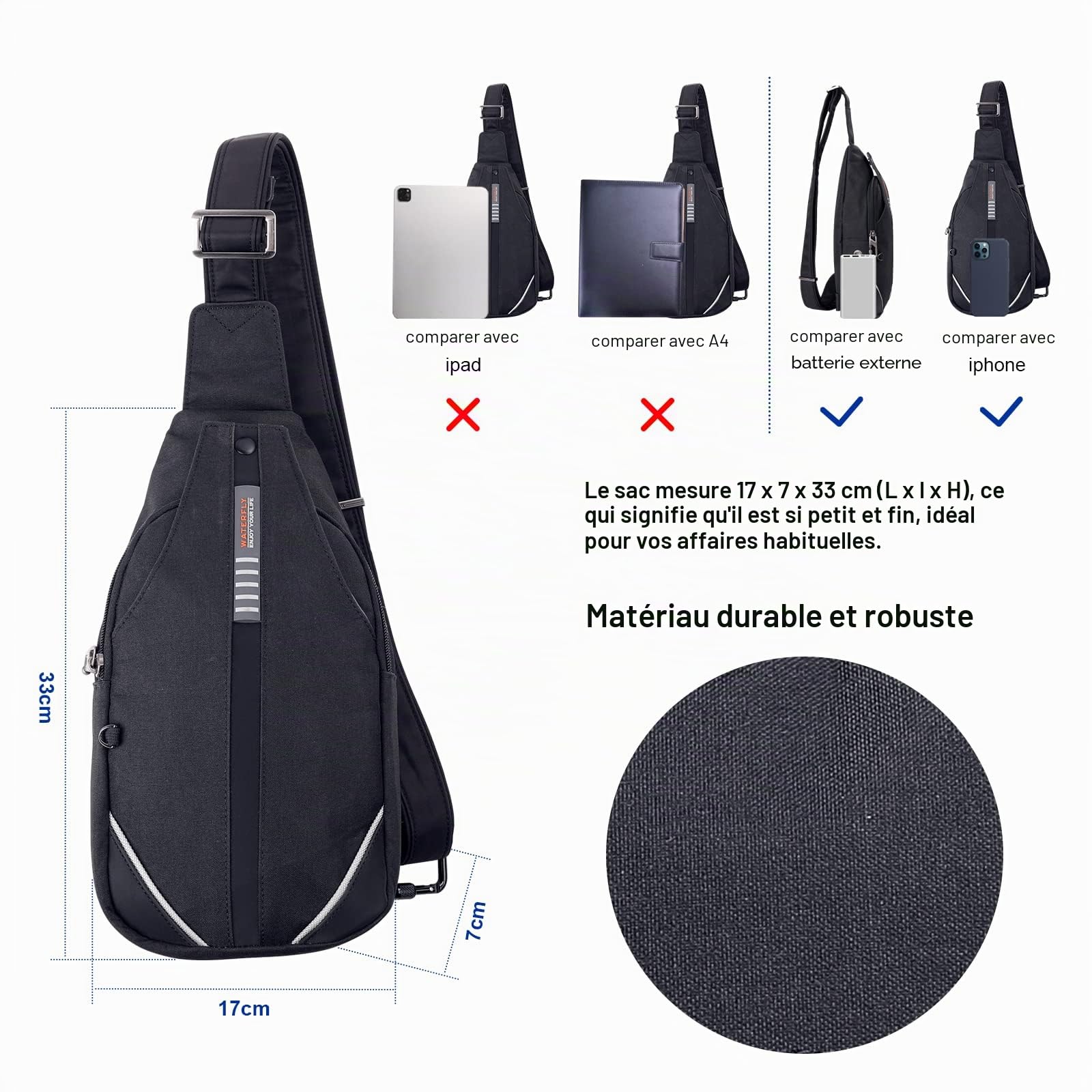 Waterfly Antivol Sac de Poitrine Homme et Femme Sac Bandoulière Sac Triangle pour Sports de Plein Air Cyclisme Escalade Camping Excursion Randonnée Voyage