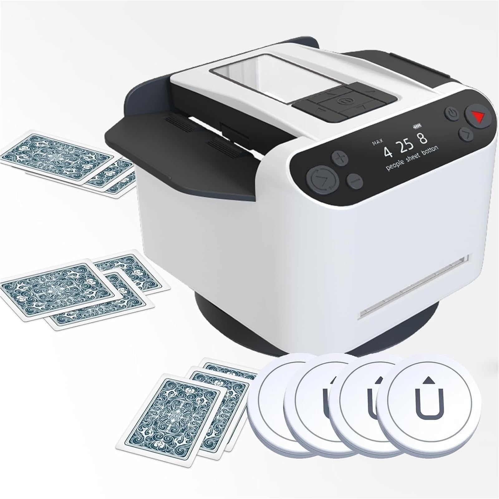 KJZQXYX Automatic Card Shuffler and Dealer Machine, 360 Degrees Rotating Smart Card Dealing Machine, 4 Wireless Dealer Buttons,for Poker (White)