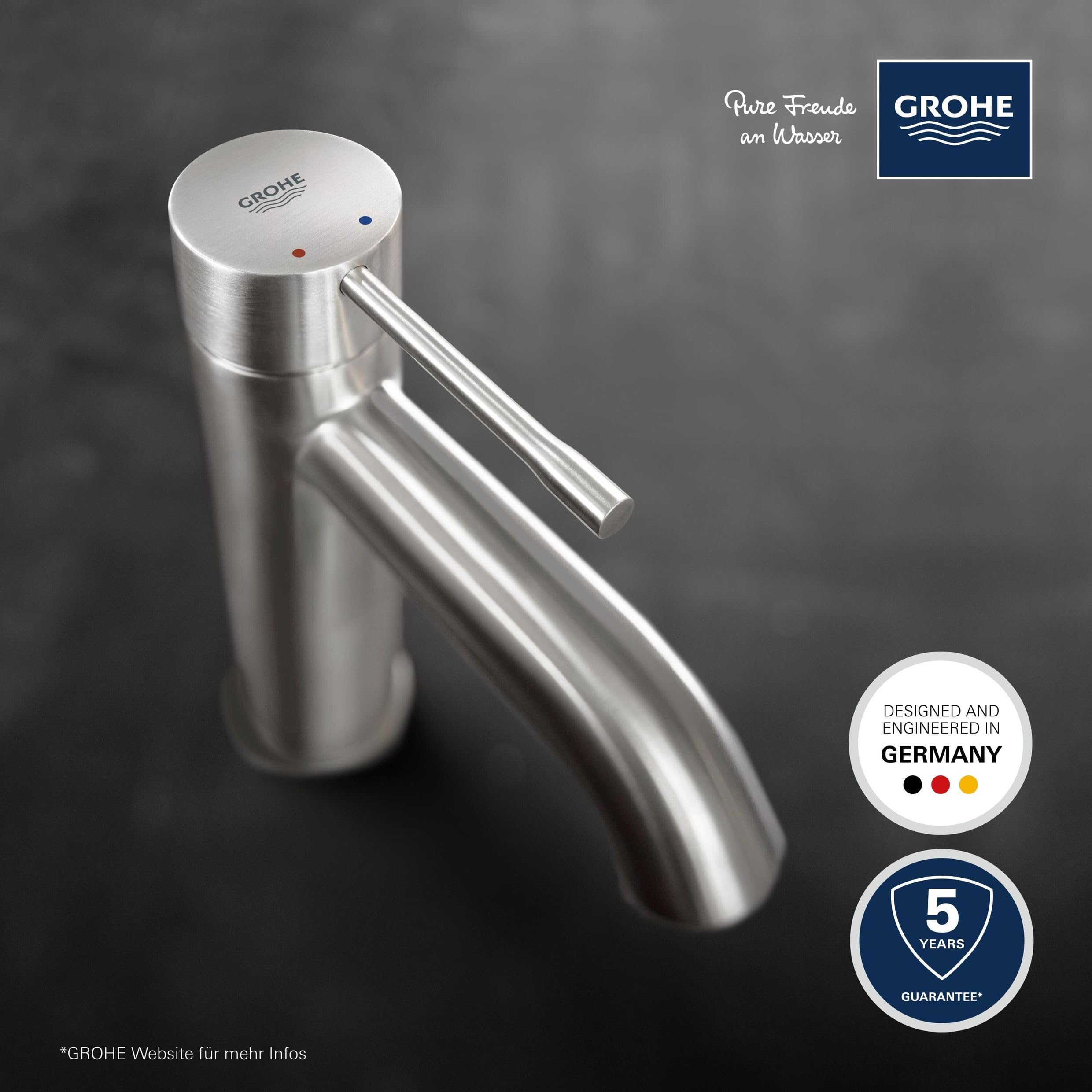 GROHE Essence, Waschtischarmatur, wassersparend (Wasserhahn für das Bad, 17cm hoch, Badarmatur mit langlebiger Oberfläche, einfache Installation am Waschbecken), edelstahl, 23590DC1
