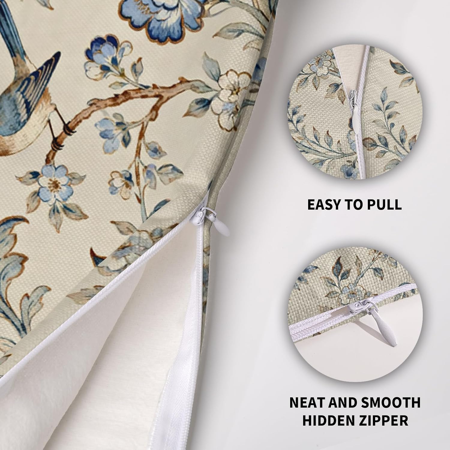 Chinoiserie Bird Pillow Covers 24x24 Set of 2, Blue Brown Vintage Floral Decorative Throw Pillowcases Retro Outdoor Decorative Cushion Cases Rustic Farmhouse Home Decor for Sofa Couch Bed