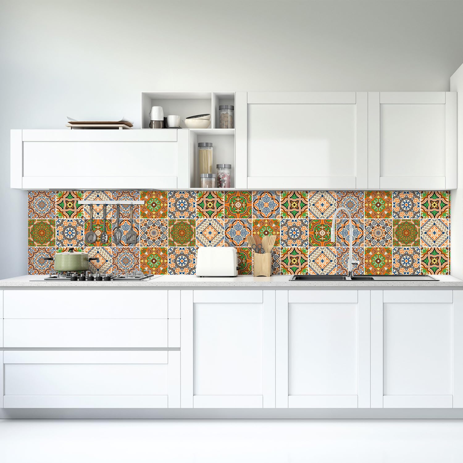 Peel and Stick Mexican Tile Stickers, 18 Pcs (6"x6") Talavera Moroccan Backsplash Wall Decals, Self-Adhesive Mandala Decals for Kitchen, Bathroom, Living Room, Stairway, Furniture, Home Decor