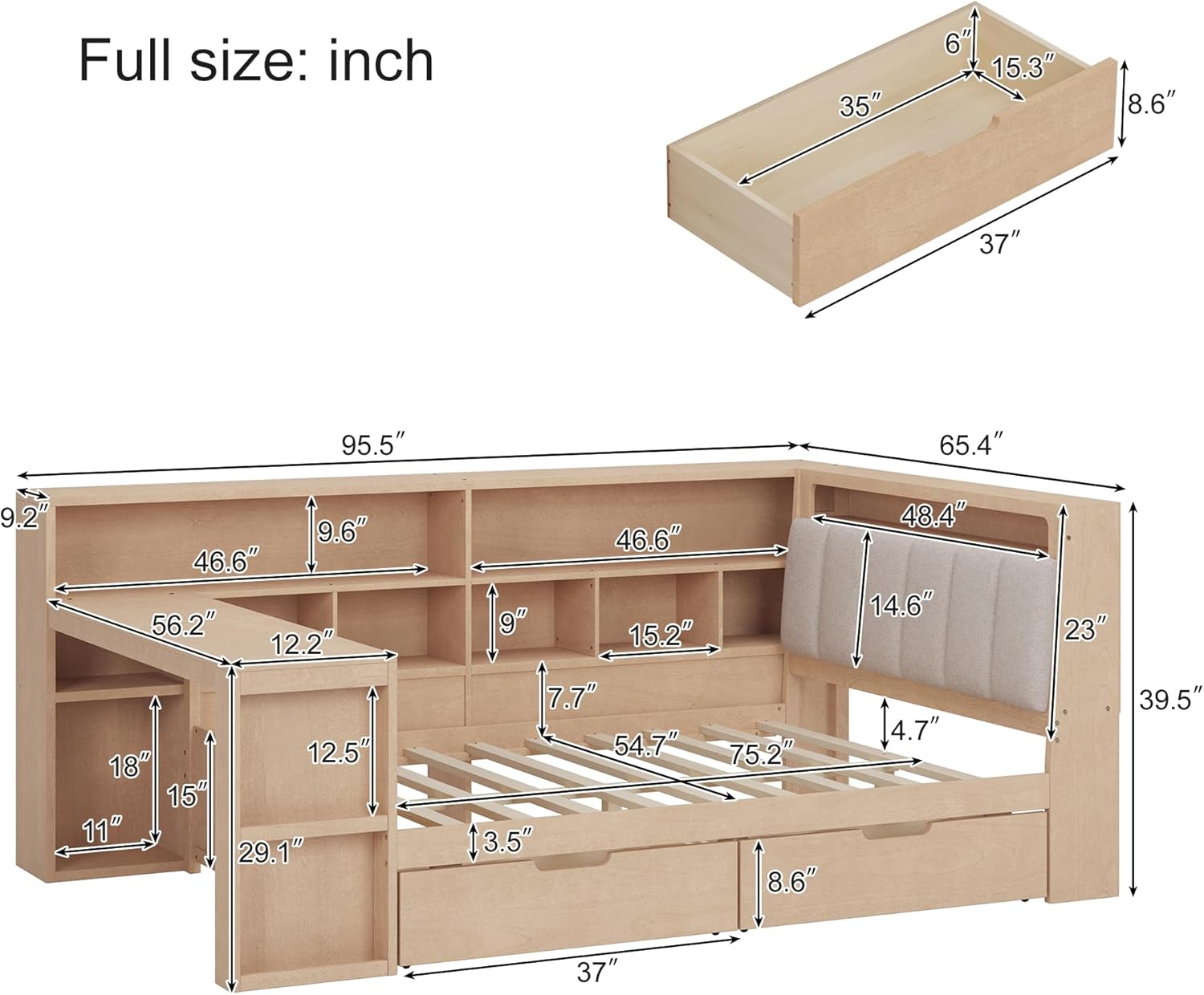 Full Size L-Shaped Wooden Daybed with Desk and Storage Bookcase, Corner Bed with Upholstered Headboard and Under-Bed Drawers and LED Light for for Bedroom Living Room (Natural@093)
