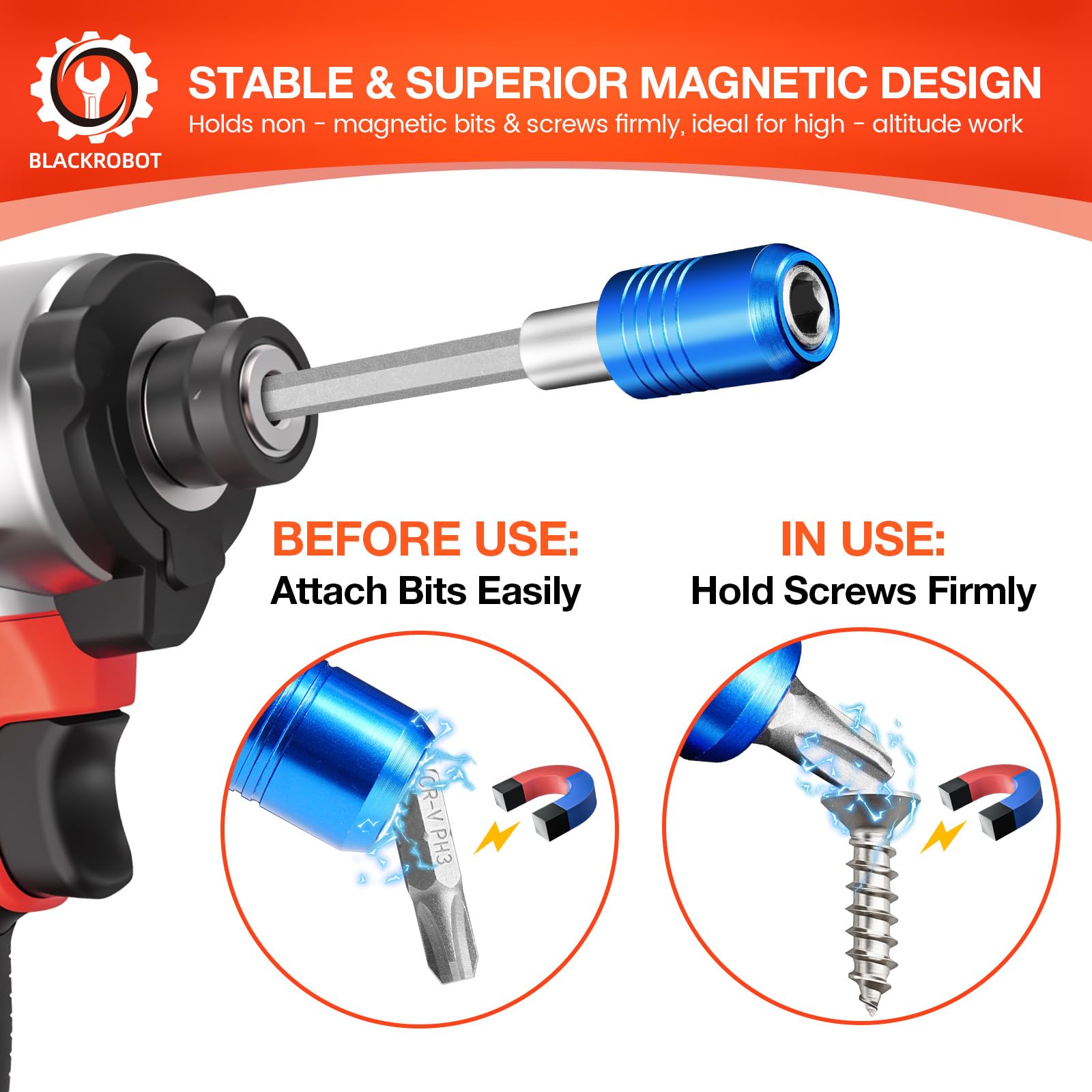 BLACKROBOT Soporte magnético de 3 brocas de impacto de cambio rápido, extensión de broca para unidades hexagonales de 1/4 pulgadas, longitud de 2/4/6 pulgadas, ideal para puntas de destornillador,