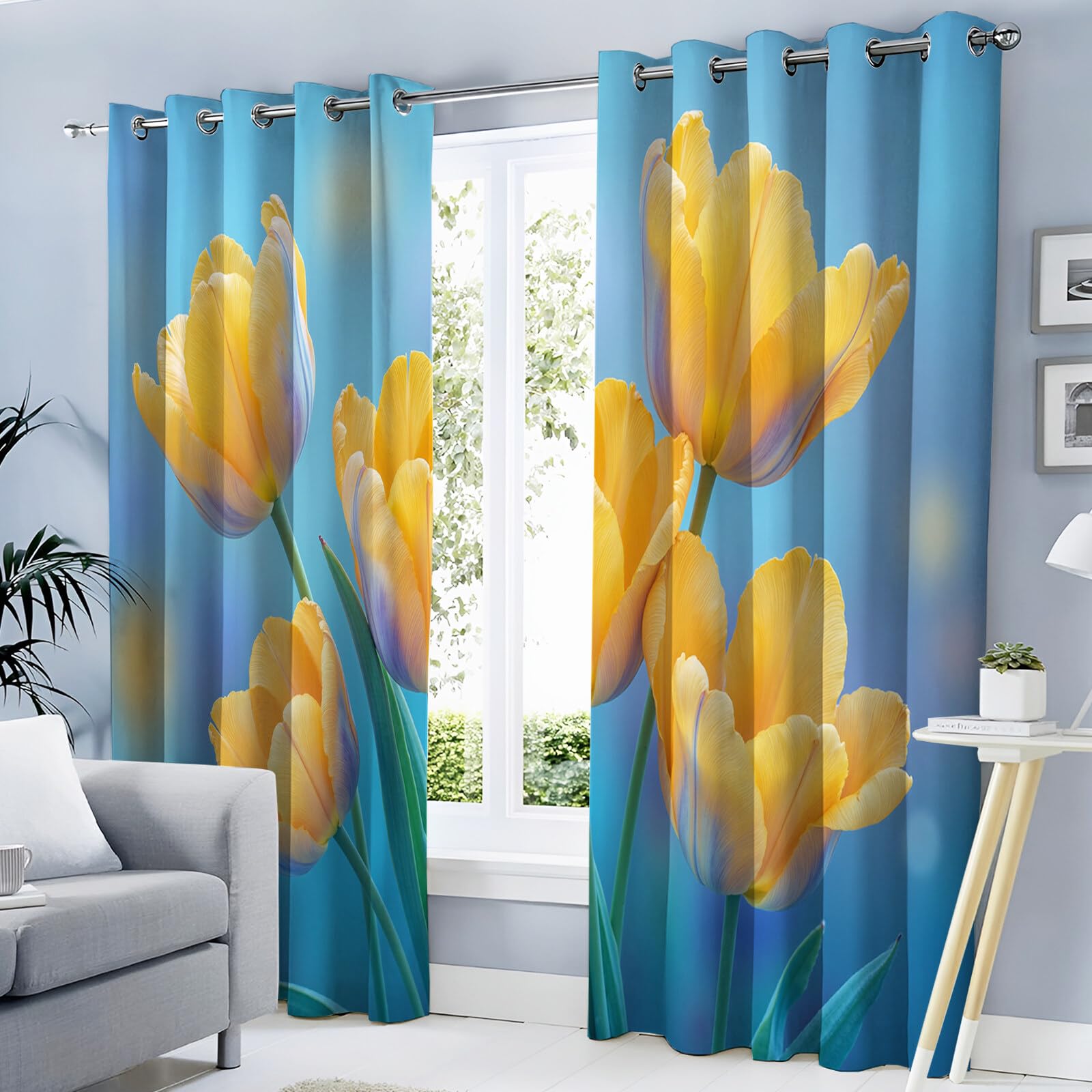 Isolanti Per Camera Da Letto Stampa 3D Fiori Di Tulipano Giallo 2 Pannelli 132X160Cm(L X A) Tende Soggiorno Piante Naturali Decorazione Motivo Finestra Bambini Tenda Oscuranti Occhielli