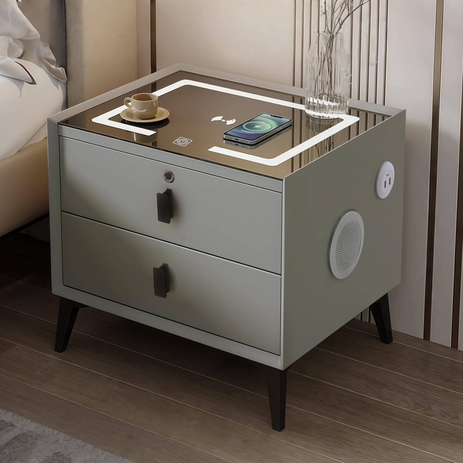 WINNIESHOP Smart Nightstand with Charging Station, Adjustable LED, Bluetooth Speaker, USB Ports, Fingerprint Lock, Bed Side Tables Bedroom Nightstand