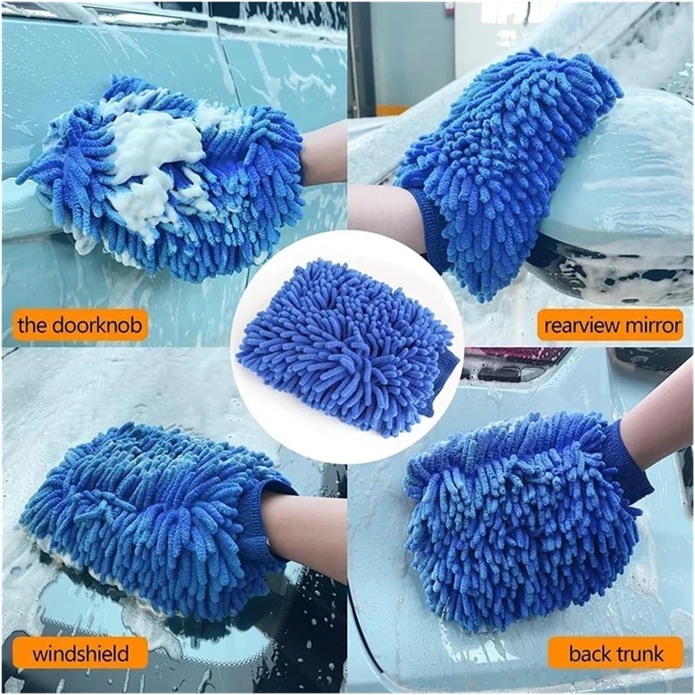 1/2pcs Microfiber Chenille Glove Car Wash Sponge Care Washing Brush Cleaning Tools Auto Washing Towel Glove Styling Accessories(2pcs Blue)