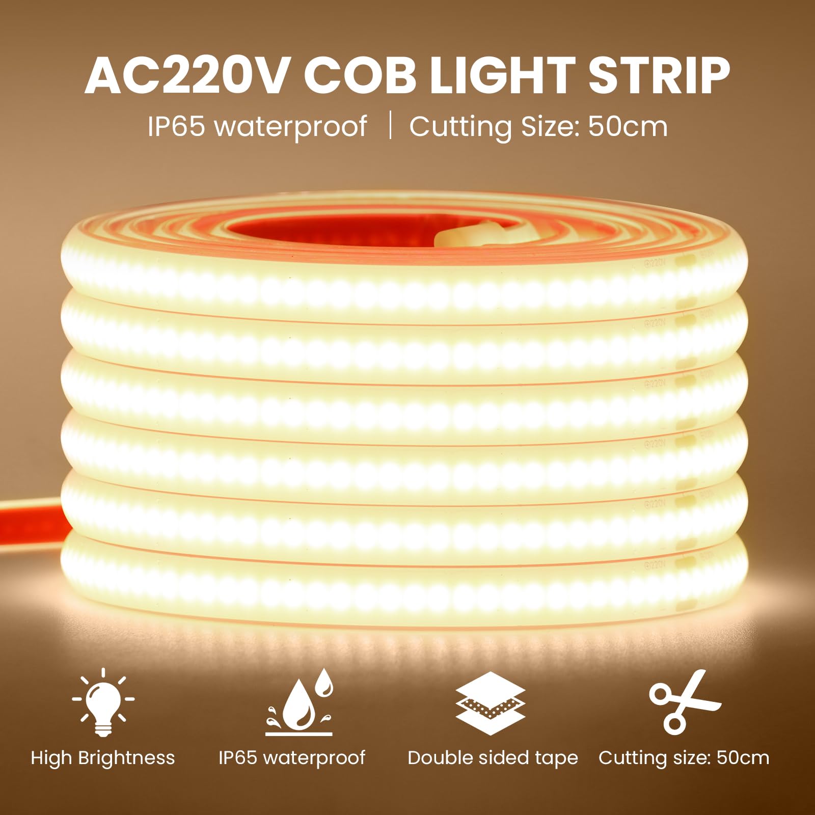 220V COB Tira LED[3M,Blanco Natural 4000-4500K],288 LEDs/m Cortable Silicona FCOB LED Rope Light CRI90+,Estanco Flexible,Navidad,Fiesta,Boda,Halloween Hogar/Tienda Decoración Iluminación