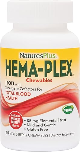 NaturesPlus - Hierro hema-Plex - 60 masticables mixtos de bayas - 85 mg de hierro elemental - Salud total de la sangre - con vitamina C y