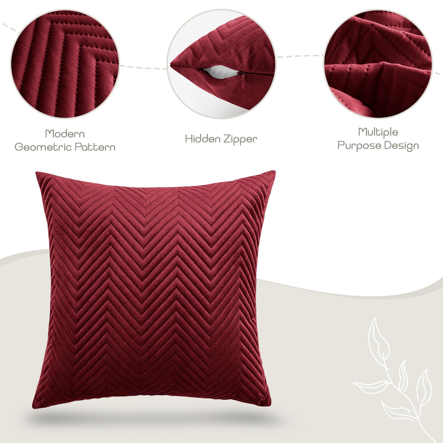 BedLooms Premium Burgundy Velvet Cushion Covers Set of 2 (45x45 cm / 18x18 Inch), Soft Ultrasonic Stitch, Hidden Zipper - Image 4