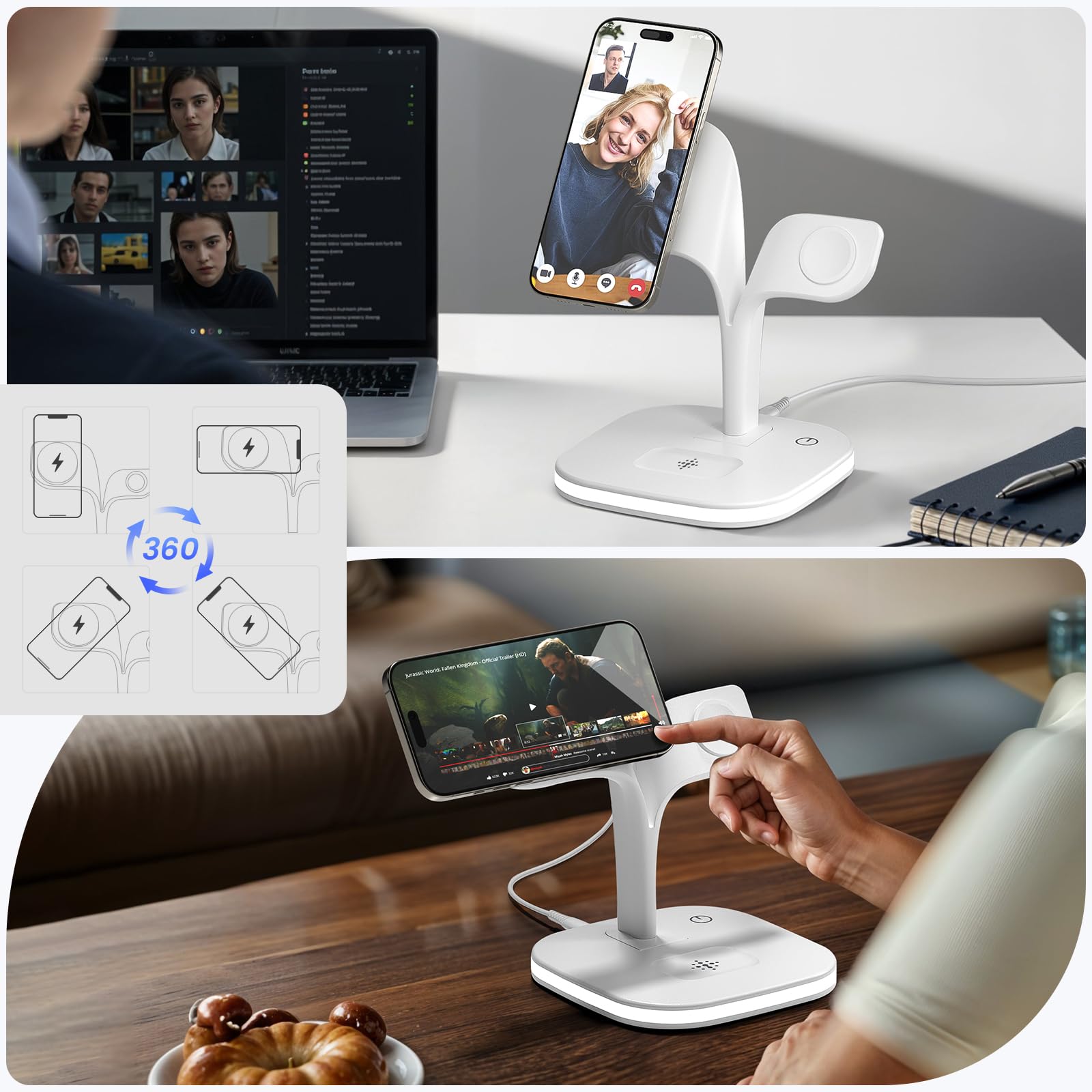 Station De Charge Sans Fil 5-en-1 Avec Horloge Et Veilleuse - Compatible IPhone, IWatch, AirPods - Adaptateur 18W QC 3.0