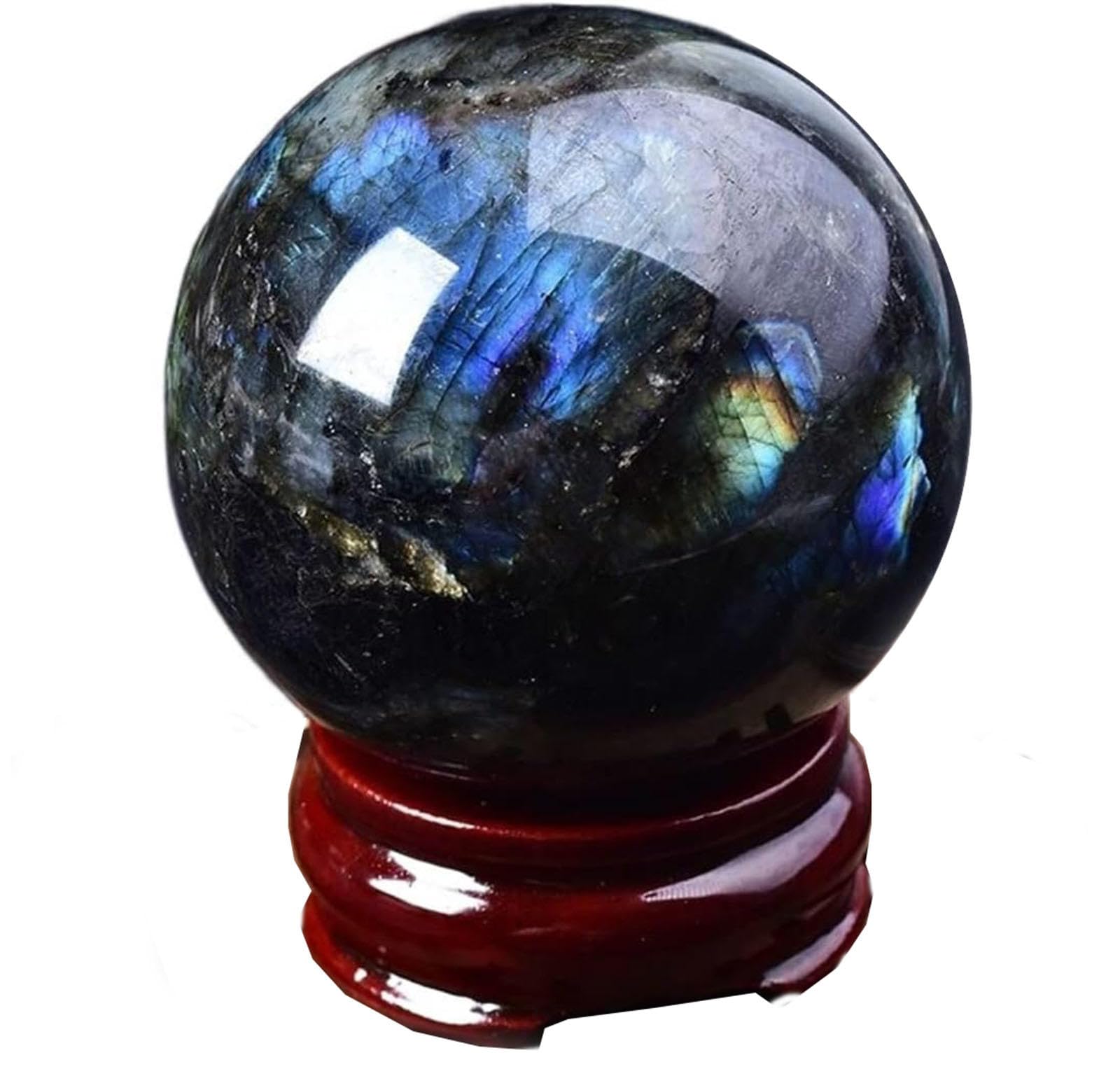 BJXKHFPIV Crystal Ball Labradorite Decorative Sphere Polished Divination Ball with Wooden Base Stone for,Yoga,6cm
