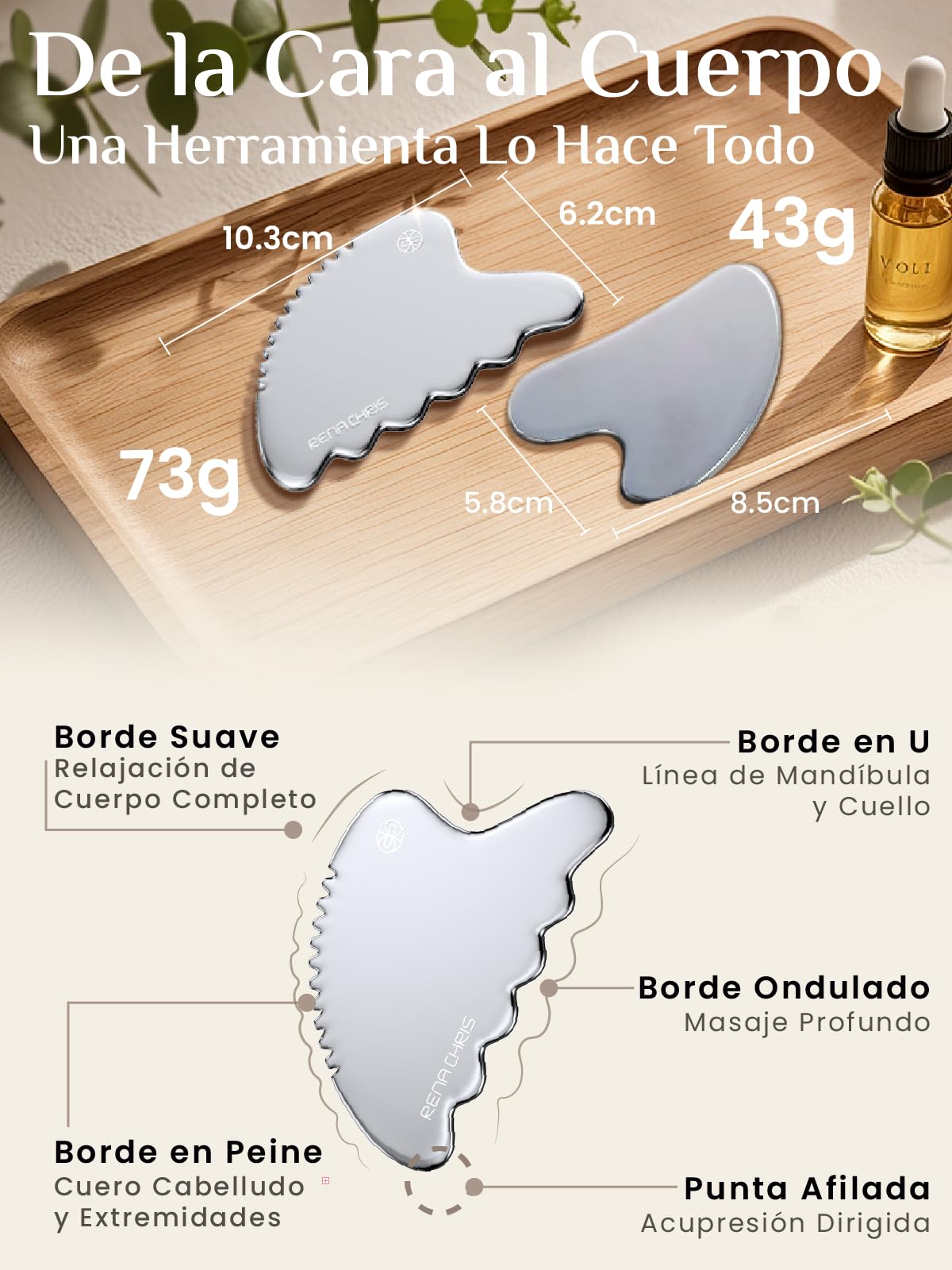 Rena Chris Gua Sha Metal Facial Masajeador,Piedra GuaSha Facial de Acero Inoxidable para Esculpir la Línea de la Mandíbula,Eliminar las Bolsas de los Ojos, Regalos para el Cuidado de la Piel(Plateado)