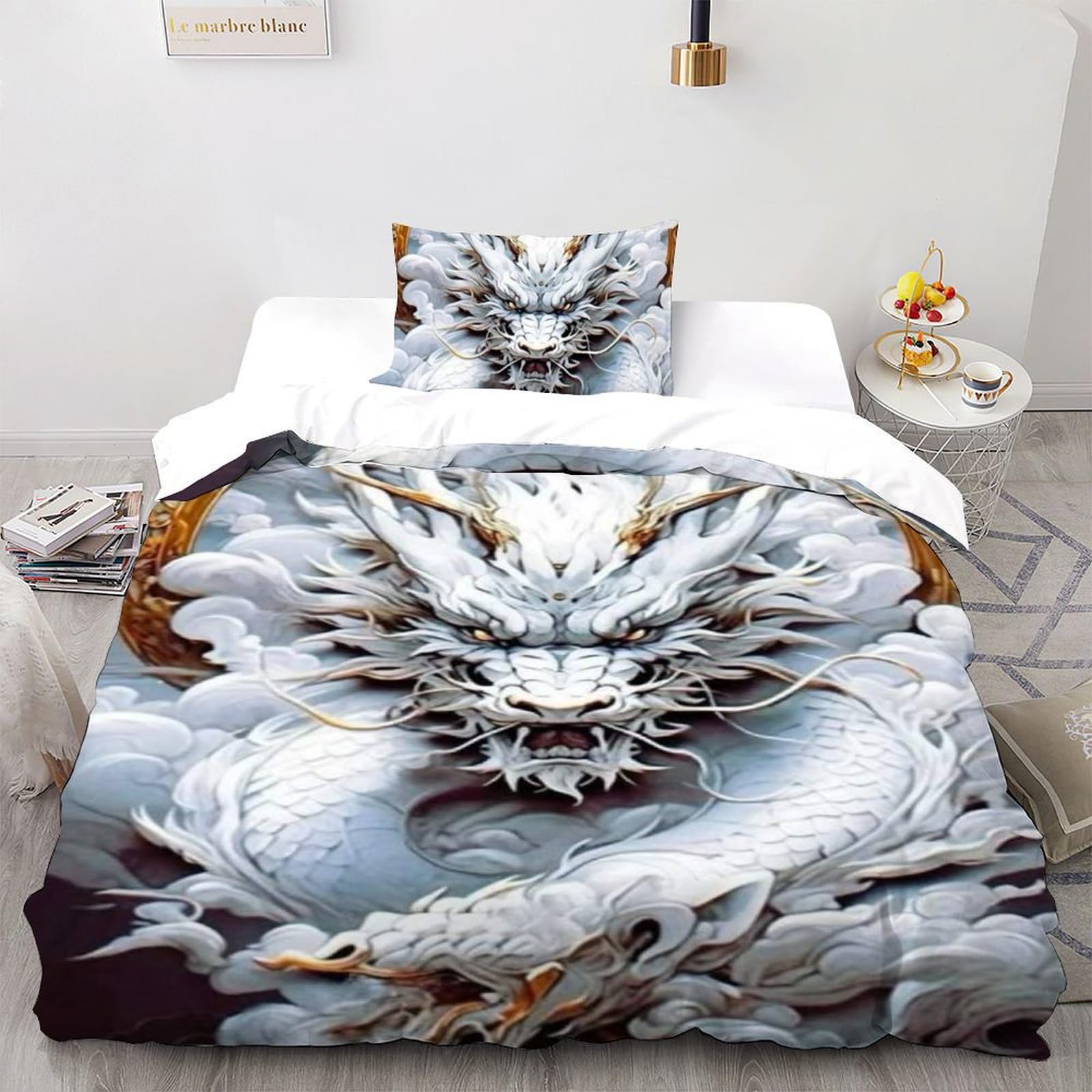 Housse de couette single dragon blanc imprimé 3d animauxs 135x200cm parure de lit enfant microfibre
