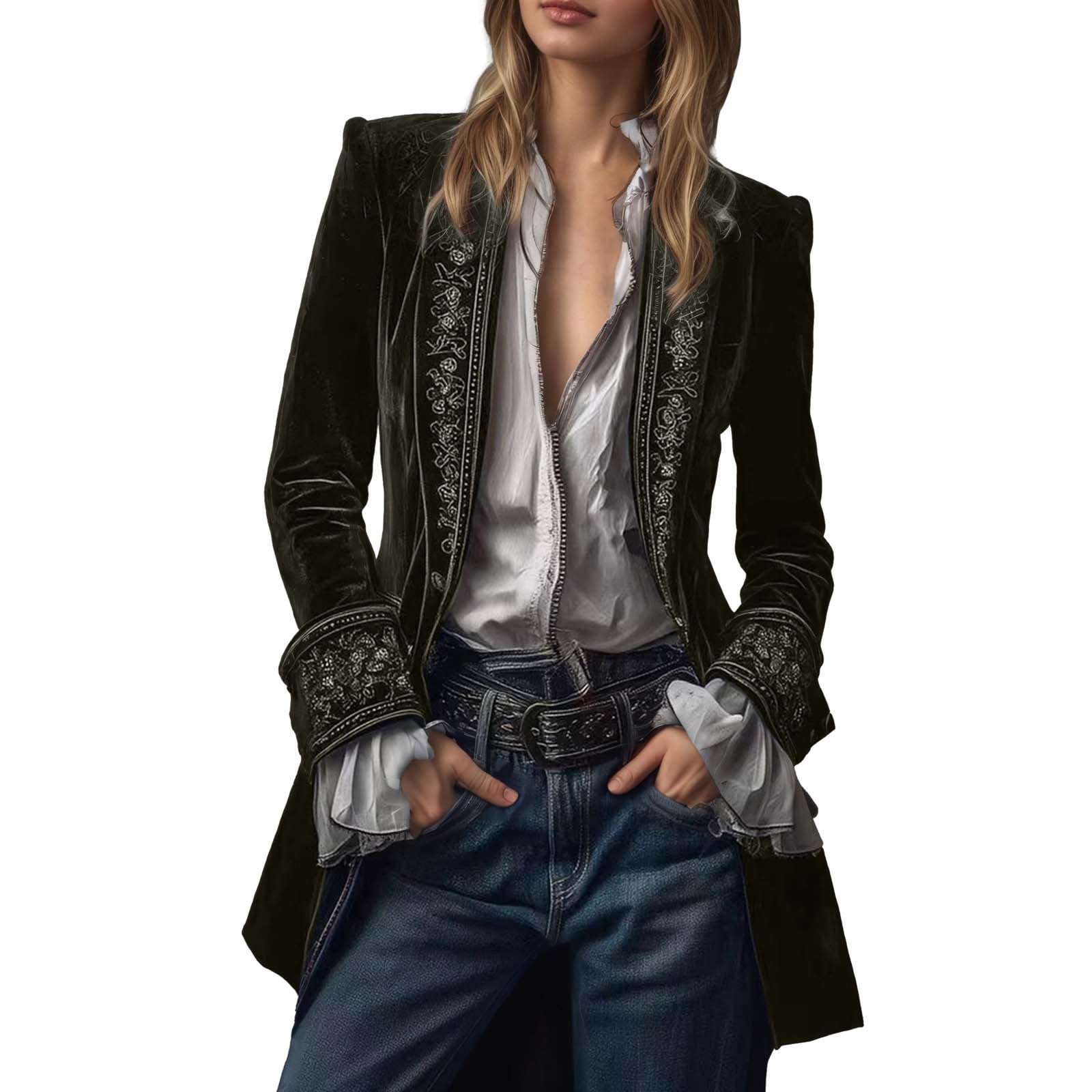 Generisch Velvet Jacket Women's Vintage Long Embroidered Blazer Women Open Front Coat Gothic Steampunk Outerwear Plain Elegant Baggy Velvet Jacket Festive Carnival Fancy Dress Jacket, Green, L