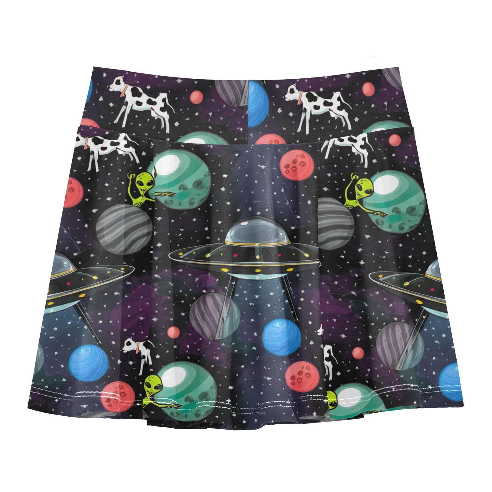 Athletic Skorts Girls' Tennis Dance Skirt with Shorts High Waisted Running Cheer Skirts Cartoon Alien Spaceship Cows Size 5-6