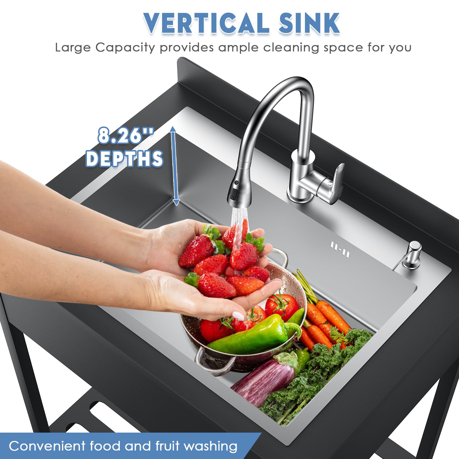 Lavandino autoportante in acciaio inox per esterni, lavello da cucina con scolapiatti e rubinetto estraibile e tubi dell'acqua calda e fredda, Kitchen Sink lavandino a mano per cucina, garage