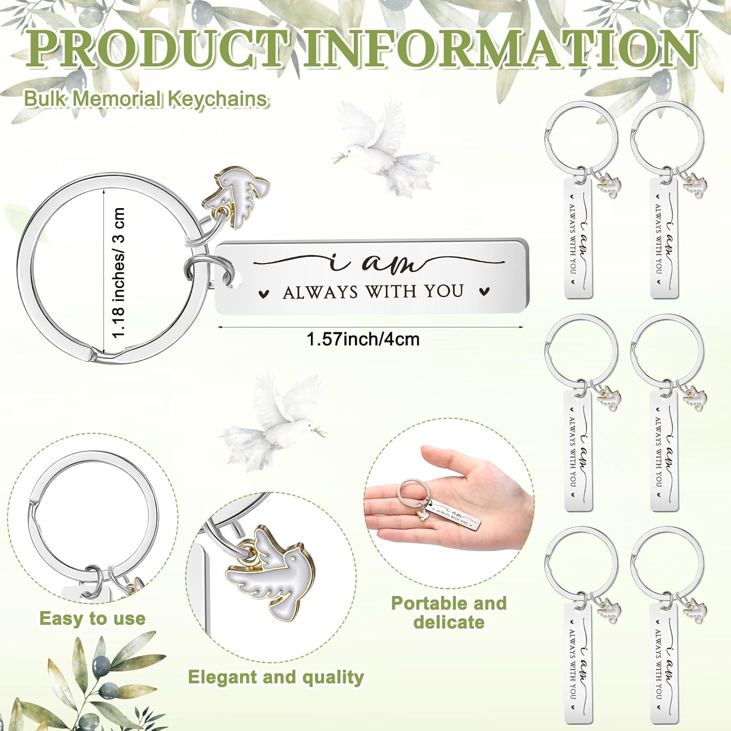 Landical Dove Funeral Favor, Dove Celebration of Life Favors for Memorial, Stainless Steel Keychains with Card, Organza Bag