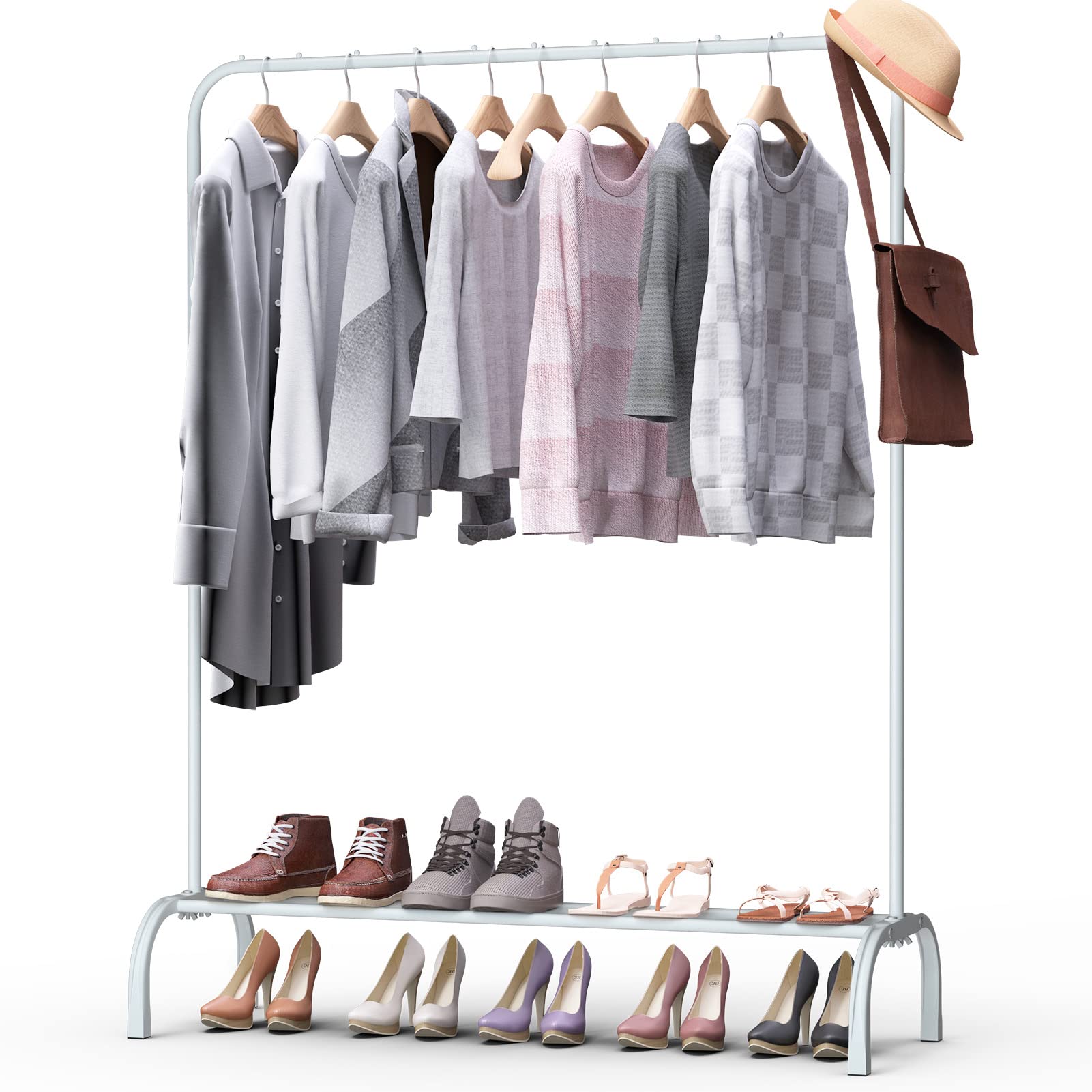 Clothes Rail Hanging Clothing Metal Garment Rack for BedroomCoat Rail with Bottom Rack With Shoe Rack Storage Shelf for Coats Skirts SweatersWhite