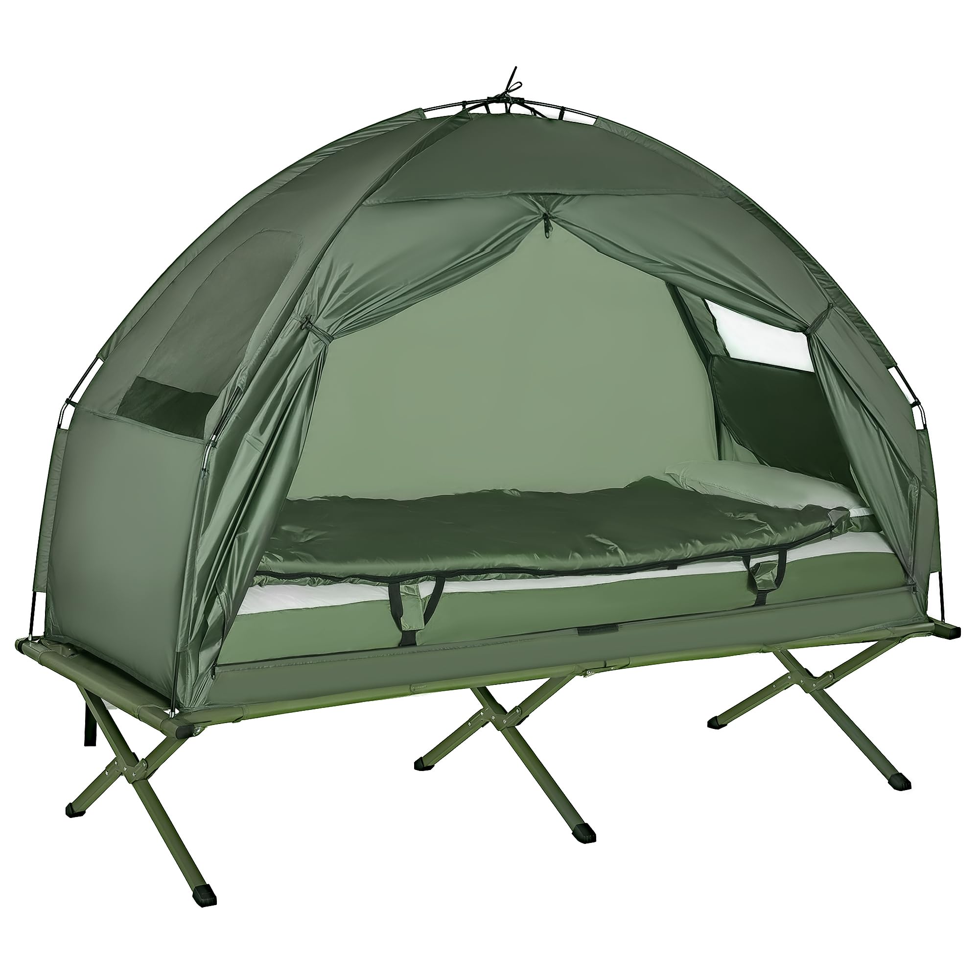 Outsunny Camping Tent Cot, 4-in-1 Folding Tent Cot Combo with Mattress, Pillow, Sleeping Bag, Roller Carrying Bag, Off Ground Travel Camp Cot for Hiking, Backpacking, Picnic