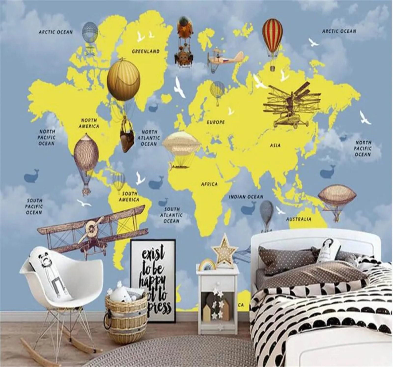 Tzxztt Cartoon World Map Hot Air Balloon Aeroplane Sky Modern 3D Wallpaper Premium Textured Silk Neutral Tones Material Ideal for Living Room Bedroom-430cm×300cm