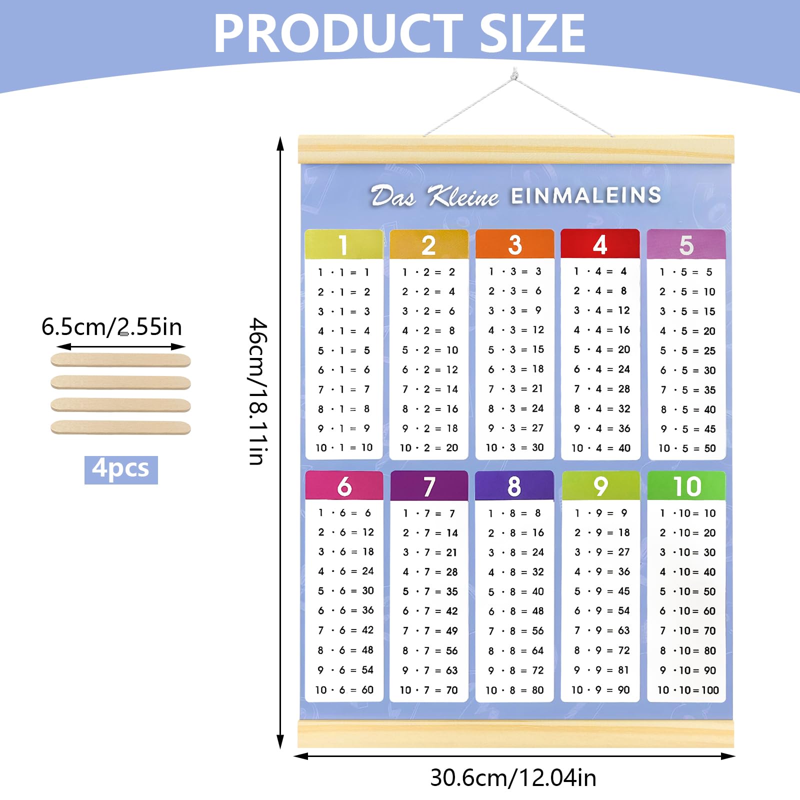 Affiche Éducative Table de Multiplication 1x1 jusqu'à 100 44x30 cm Imperméable avec Bagettes Bois