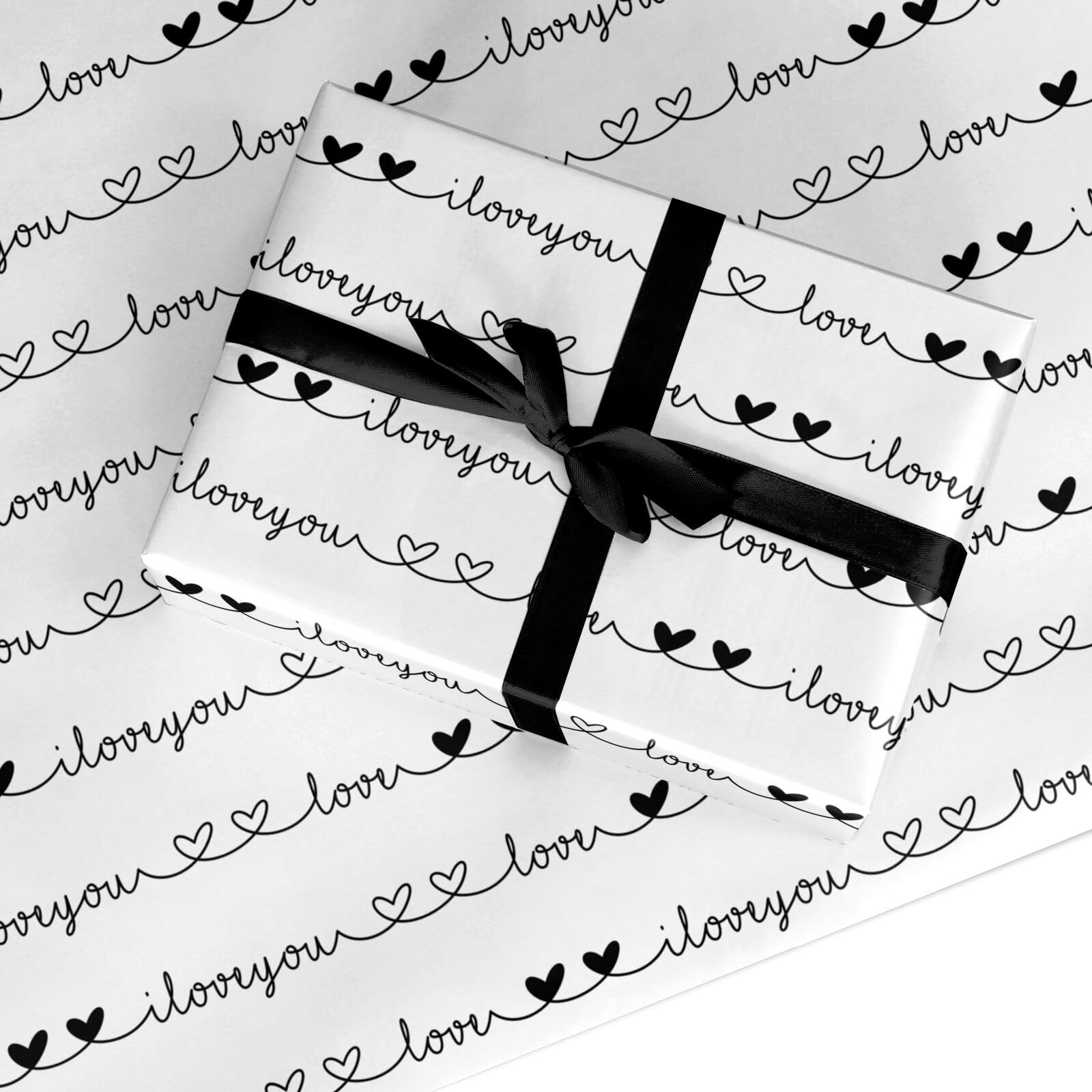 I Love You Wrapping Paper Gift Wrap β Romantic Script Design in Black & White β For Valentineβs Day, Anniversary, Wedding, Engagement β Recyclable by Dyefor (White, 6 Sheets (50 x 70cm))