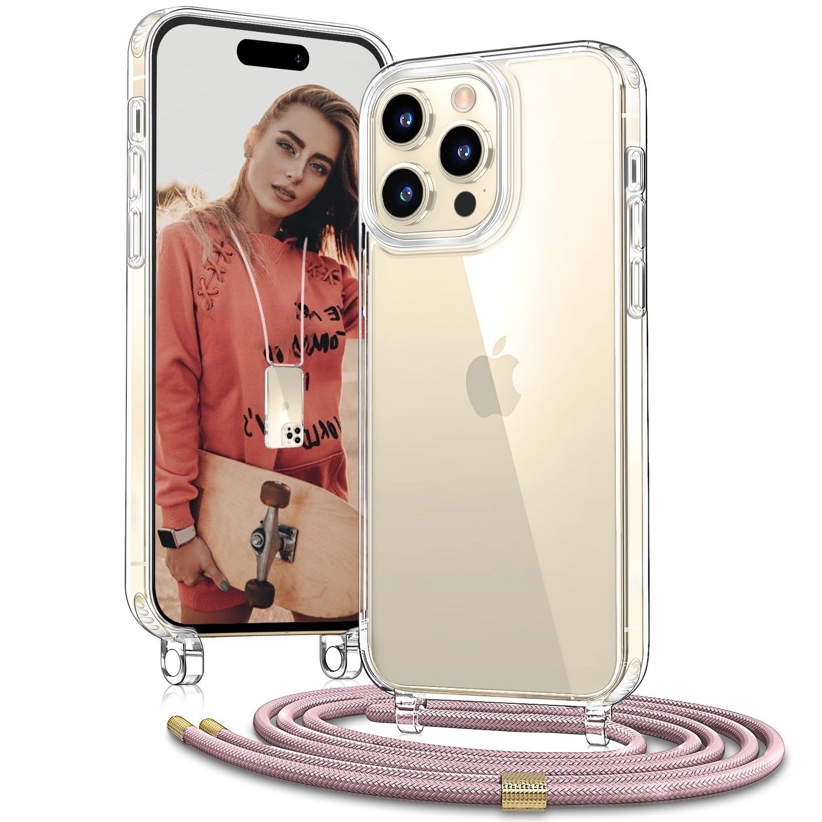 OLEPHY Handykette für iPhone 15 Pro Max Hülle mit Band, Handyhülle mit Verstellbarer Halskette, [Stoßfest] [Kratzfest] Schutzhülle mit Umhängeband, Roségold