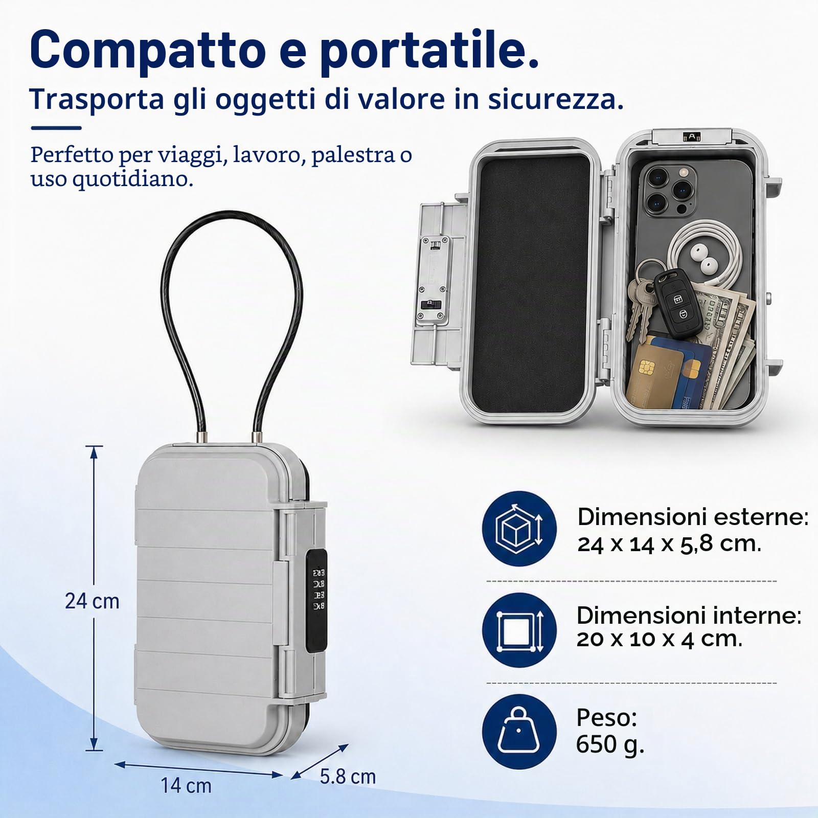 GOOGO Cassetta sicurezza portatile da spiaggia con combinazione, impermeabile antifurto, mini cassaforte viaggio per piccoli valori, piscina, camping e palestra (grigio)