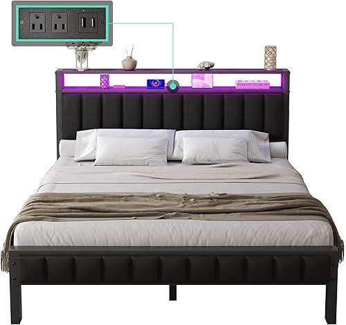 Miniatura 8 de LUXOAK Base de cama de tamaño matrimonial, plataforma LED con cabecera de piel sintética, estación de carga, espacio de almacenamiento de 2 niveles,