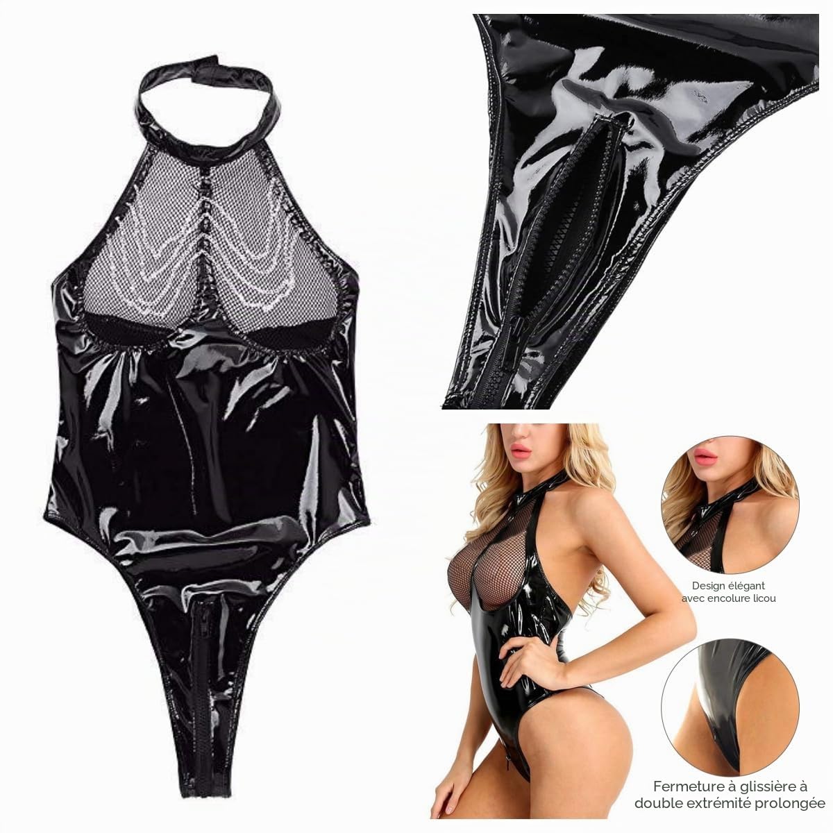 Ensemble de lingerie en cuir verni effet mouillé avec dos nu et poitrine en résille, fermeture éclair à l'entrejambe, justaucorps en cuir synthétique avec chaîne en métal, costume de costumade