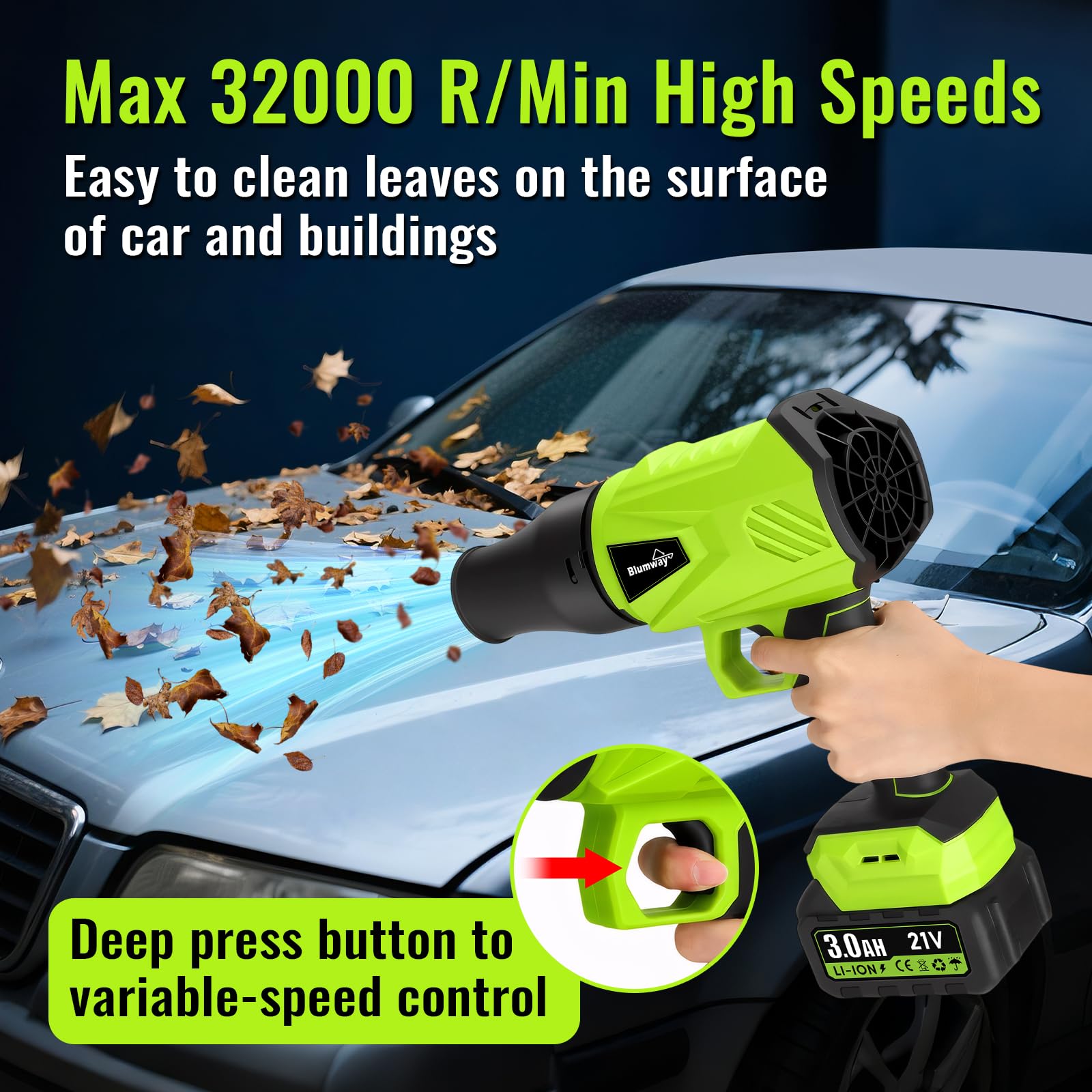Blumway Soplador de hojas inalámbrico, soplador de hojas manual, 3 boquillas de extensión, motor mejorado, 21 V, 2 unidades, soplador eléctrico de hojas para el cuidado del césped, jardín