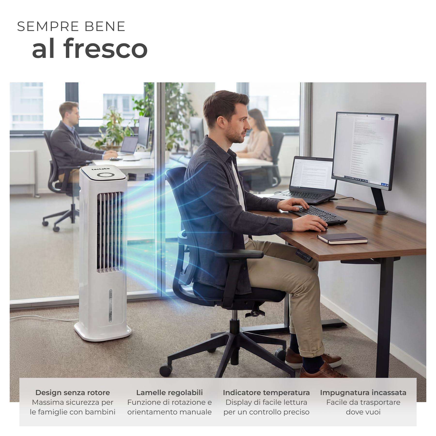 tectake® Raffrescatore d'aria 4in1, Condizionatore Portatile, Serbatoio 5L, 2 Siberini, Ventilatore a Torre, Purificatore, 3 Modalità, Telecomando Timer, Climatizzatore Portatile Silenzioso - Bianco