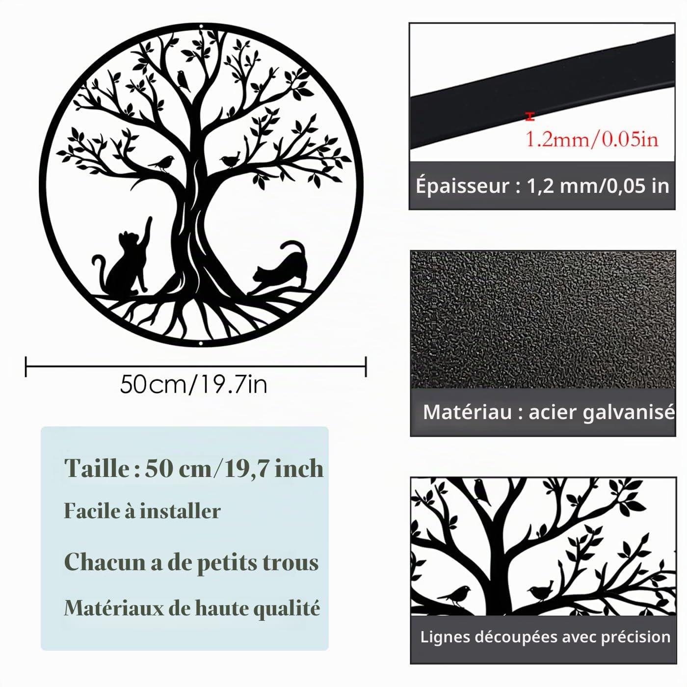 Luccyle Arbre de vie en métal Décoration,Art Mural en Métal,Art de l'arbre de Vie,Décorations intérieures et extérieures pour la Chambre à Coucher (Cat 50cm)
