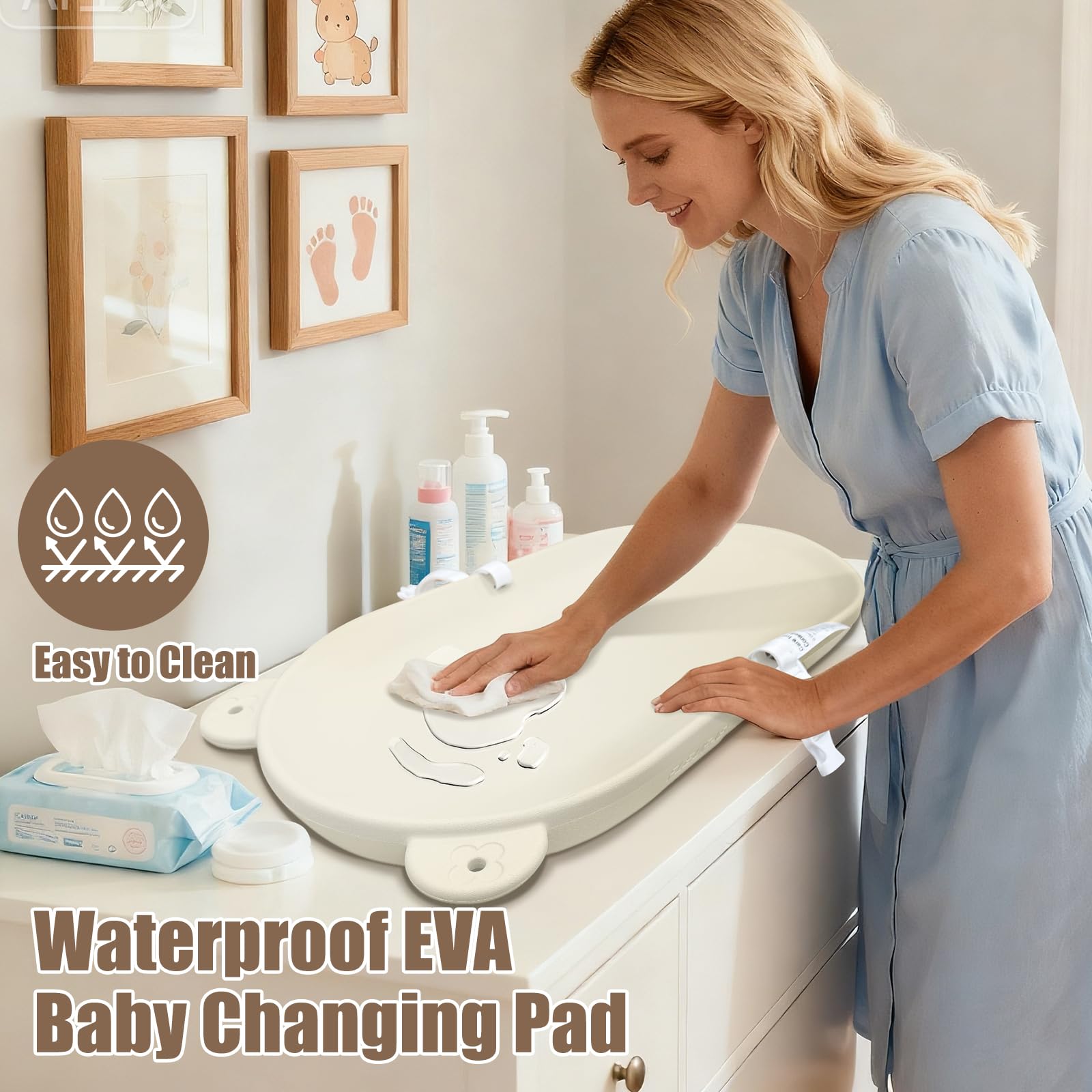 Baby-Wickelunterlage, EVA, wasserdicht, rutschfest, Wickeltischunterlage mit verstellbarem Gurt für Kommode, Wickeltisch, Kinderzimmer, tragbare Wickelunterlage, Haferbeige