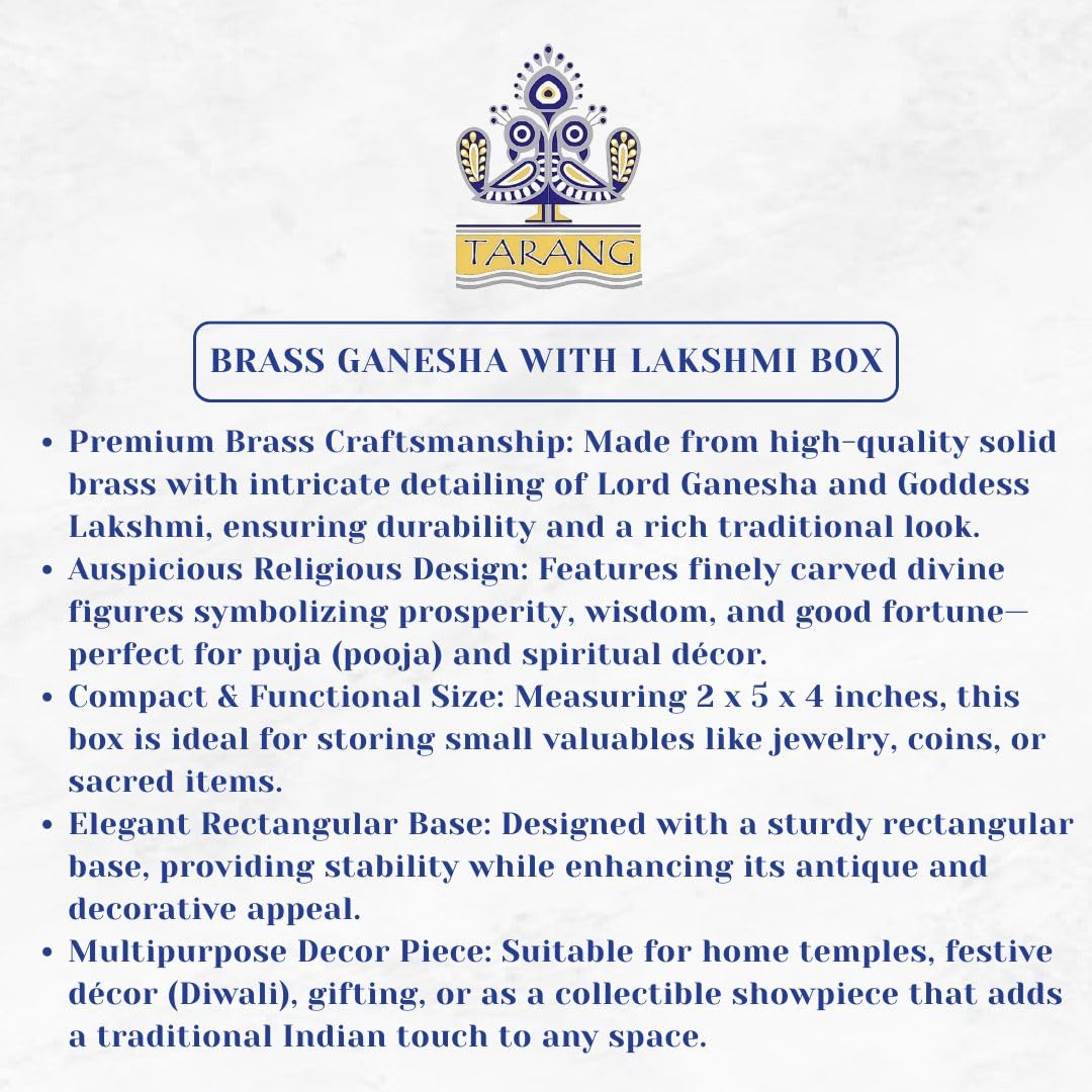 Tarang Arts Brass Ganesha Lakshmi Storage Box | Antique Finish Brass Box for Jewelry, Kumkum & Pooja Items | Decorative Hindu God Engraved Trinket Box | Home Décor & Festive Gift Item 4