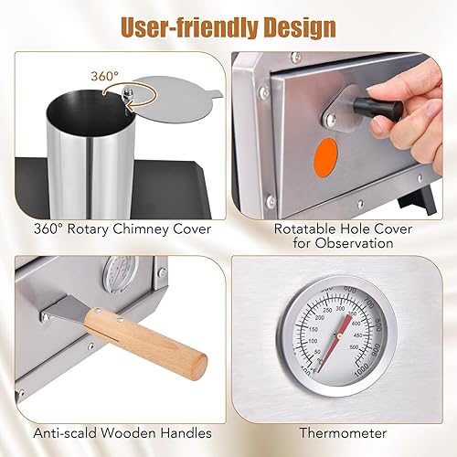 Miniatura 4 de HAPPYGRILL Horno de pizza al aire libre con piedra giratoria para pizza, máquina de pizza de leña con cáscara de pizza, termómetro y cubierta de