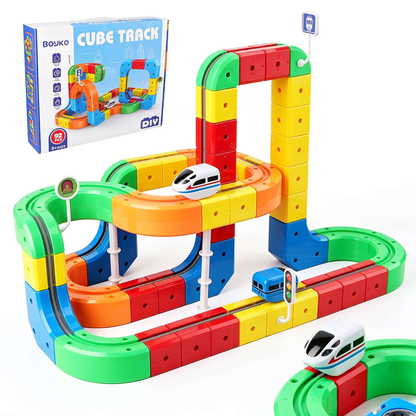 Tren eléctrico de ferrocarril, 92 piezas, juego de tren eléctrico con gravedad Defying 3D, regalo eléctrico