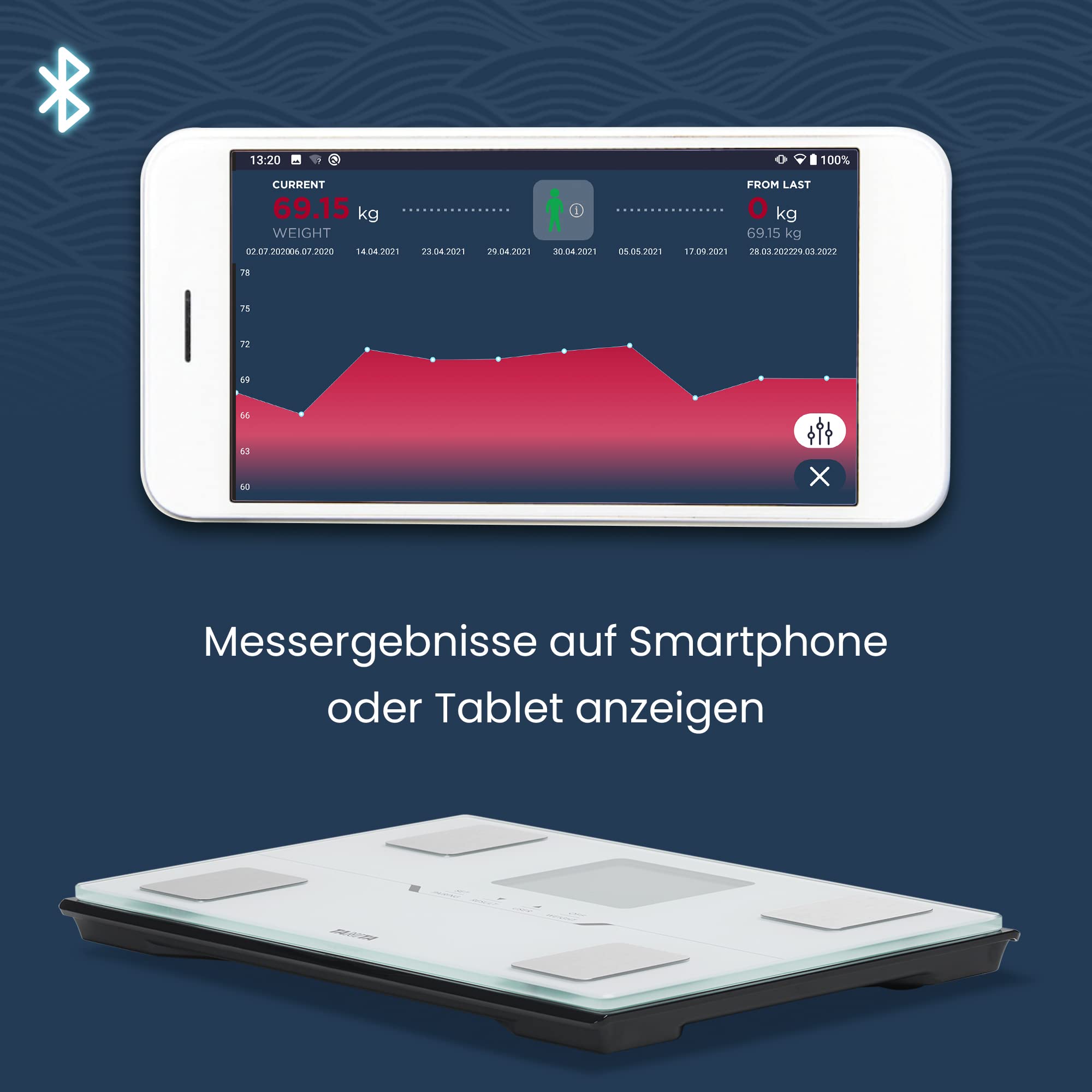 Tanita BC-401 Körperanalysewaage mit Bluetooth, Hochpräzises Wiegen zur Analyse der Körperzusammensetzung, Smart-App für Fitnesstracking, Stoffwechselalter, Weiss