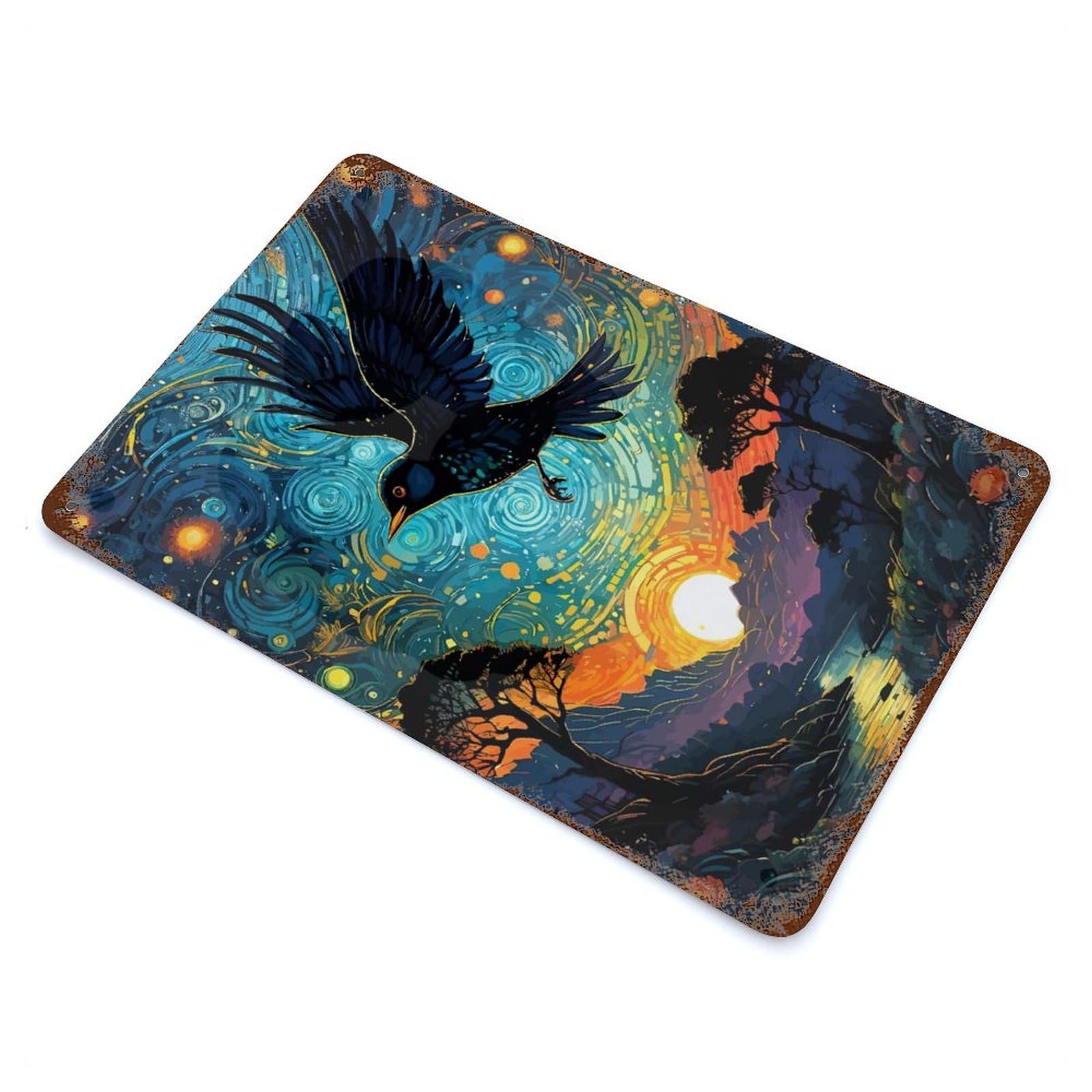 Retro Metal Sign with Starry Night Bird Design 11.8"x7.9", for Living Room, Hallway And Home Decor, Farmhouse Wall Decor