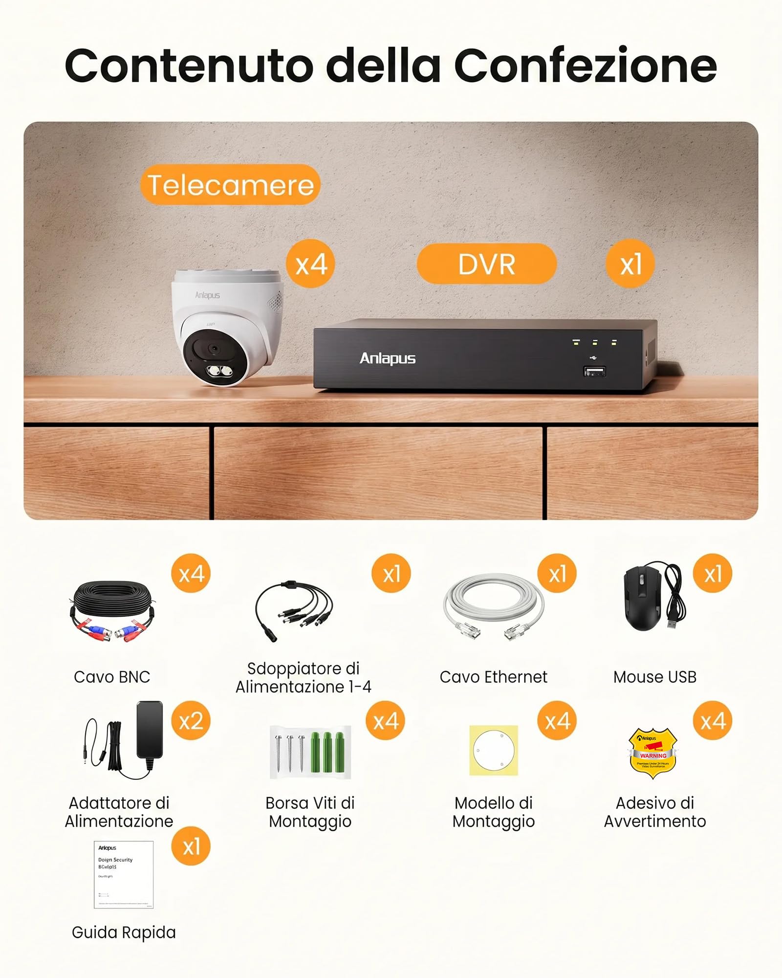Anlapus 4K 8MP Set di telecamere di sorveglianza per esterni, 8CH 1TB DVR, 4 telecamere dome BNC cablate con registrazione audio, riconoscimento KI persone e veicoli, IP66 resistente alle intemperie