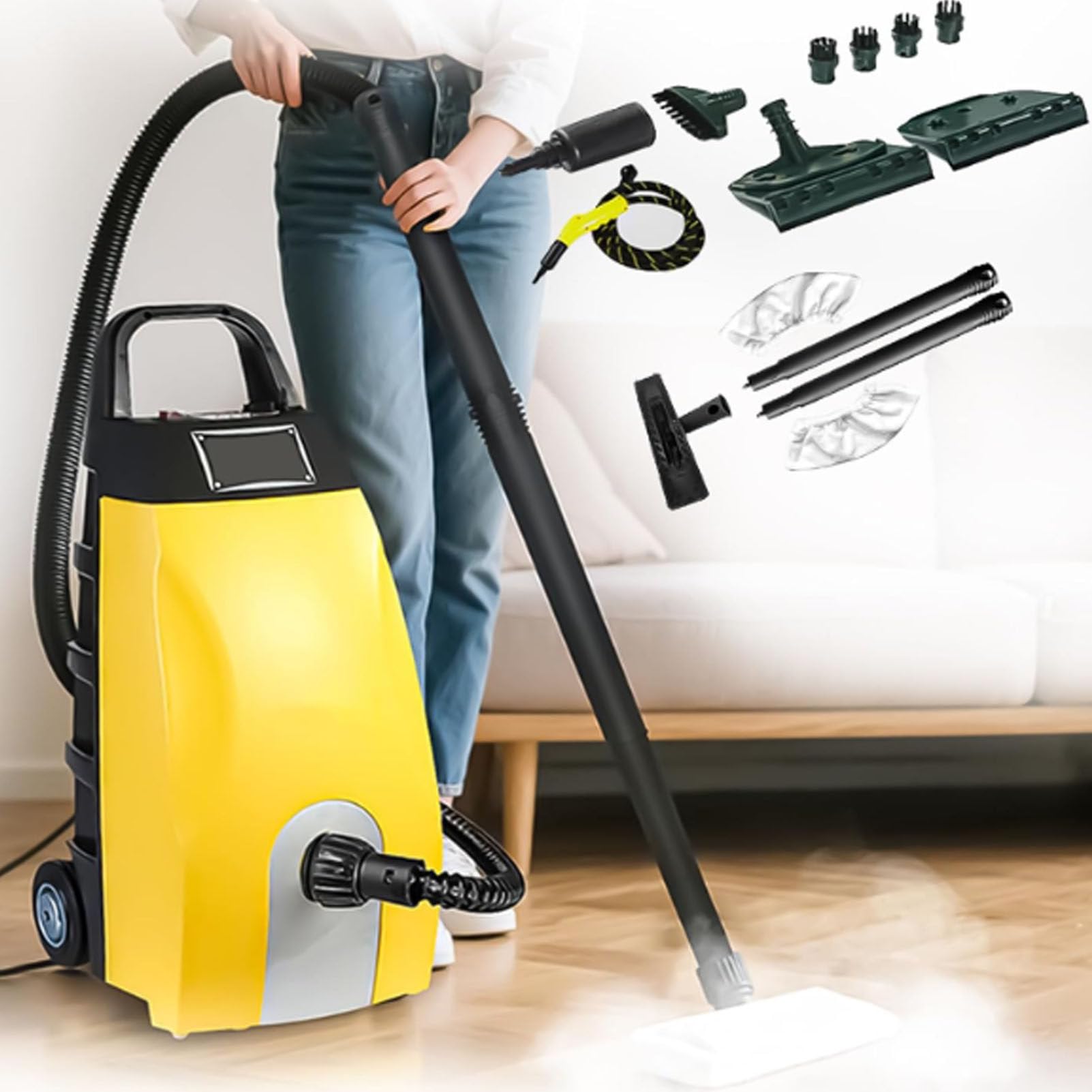 Cashwise 3000W Steam Cleaners, 3.5L Portable Multi-Purpose Steamer Cleaning Machine, with Brush Heads, for Kitchen Home Use, Upholstery, Bathroom, Grout and Tile, Car Detailing Yellow