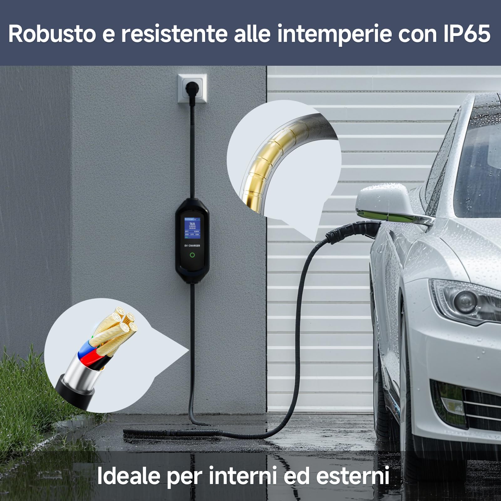 Colonnina Ricarica Auto Elettrica 3.6kW 5m, 6-16A Cavo Ricarica Auto Elettrica Tipo 2, Carichino Auto Elettrica, IP65 Monofase con LED Controllo Digitale Compatibile con EV/PHEV